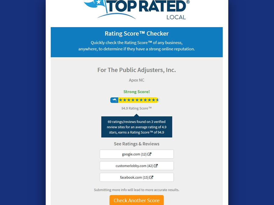 Top Rated Public Adjuster Reviews Receives 94.9% Rating Score For NC Claim Help