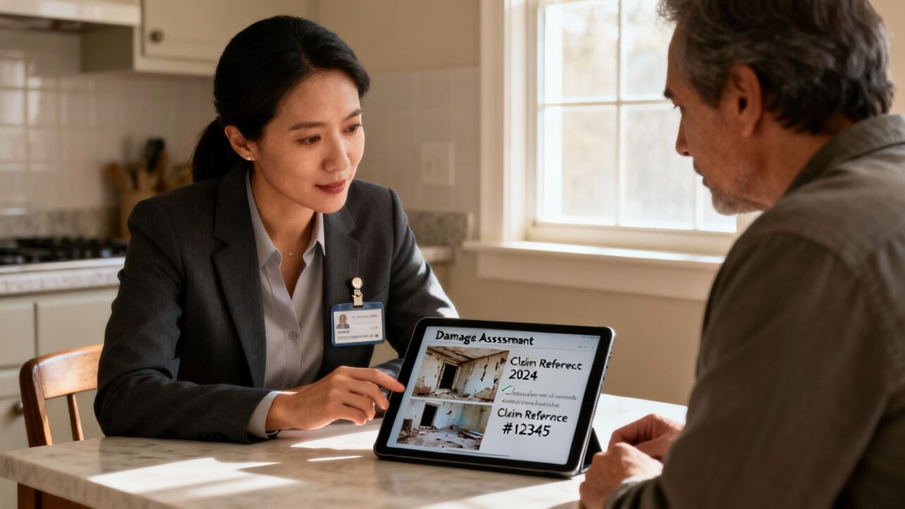 An insurance adjuster reviews insurance water damage claim photos on a tablet with an elderly man.