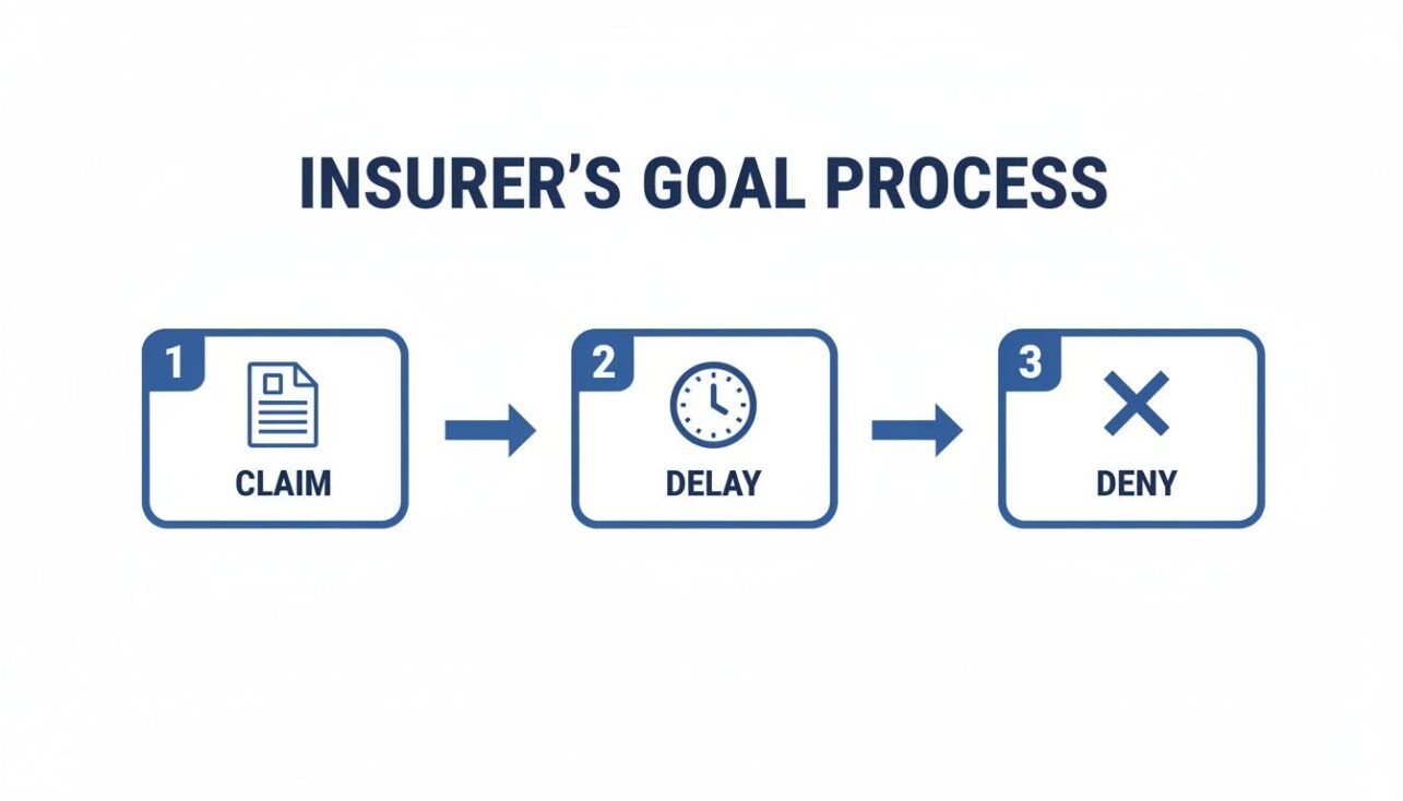 Diagram showing an insurer's insurance water damage claim process: 1. Claim, 2. Delay, 3. Deny.