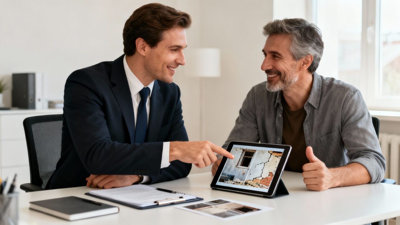 Two smiling men discuss property damage claim and Reservation of Rights Letter.