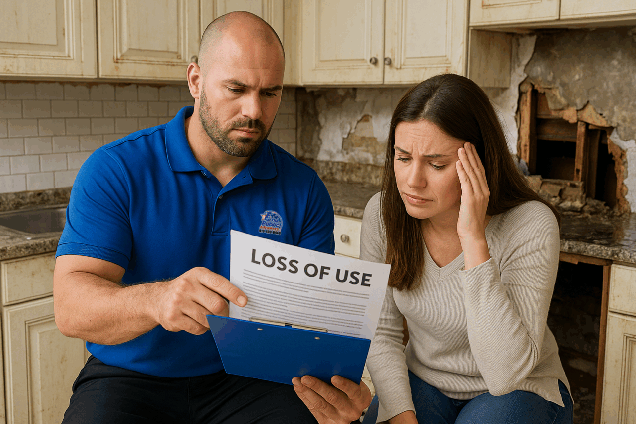 Public Adjuster explaining Coverage Loss of use to insured in her water damaged kitchen.