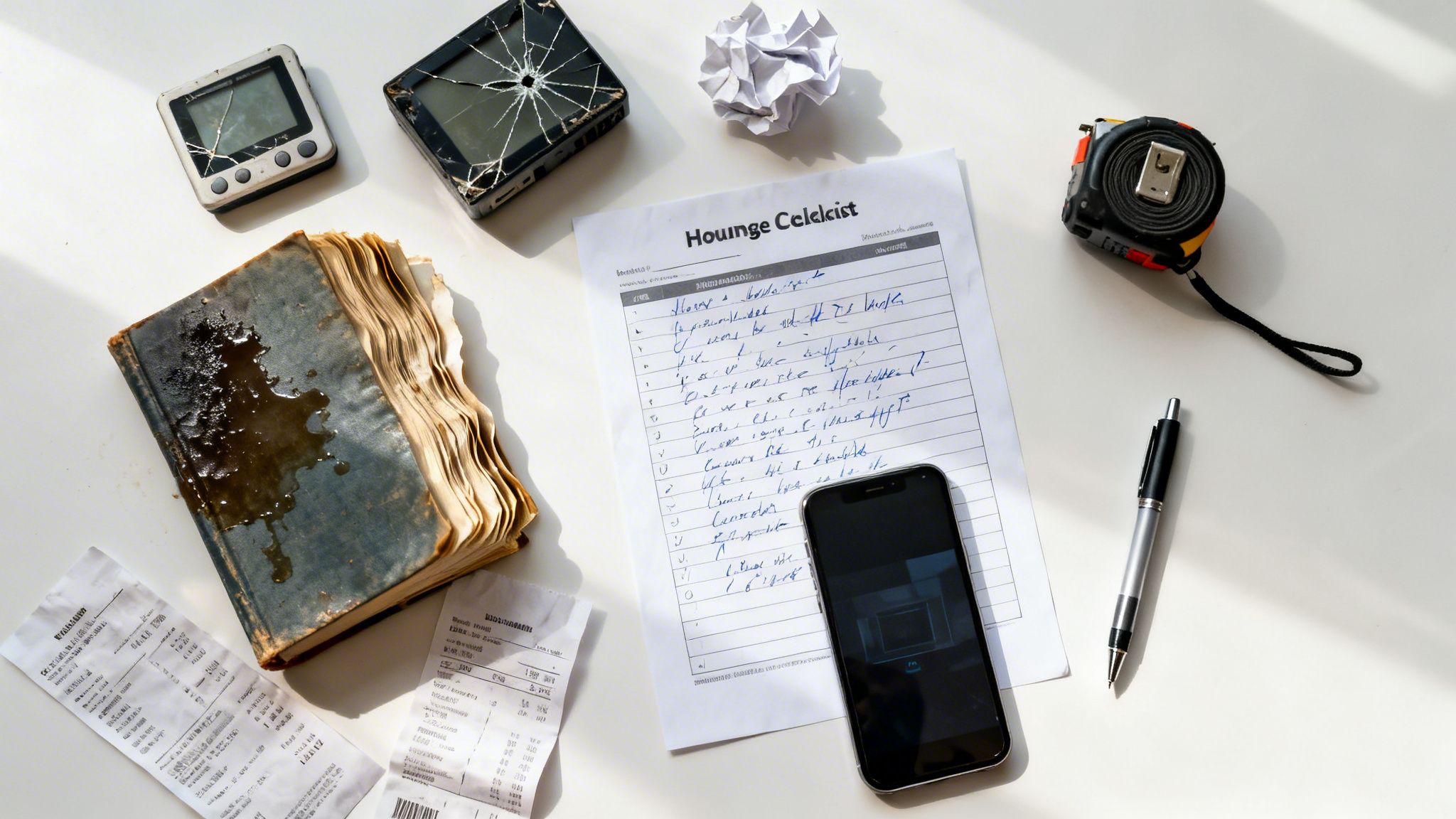 Overhead shot of damaged electronics, a soaked book, crumpled paper, and a handwritten checklist on a table.