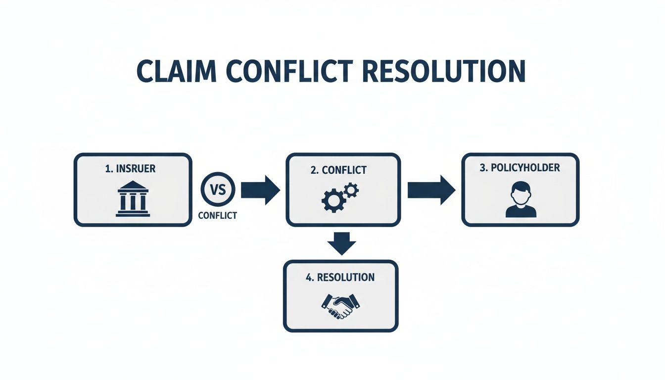Flowchart illustrating the claim conflict resolution process between an insurer and policyholder, leading to a resolution. the reason to find a Public Adjuster Near Me.