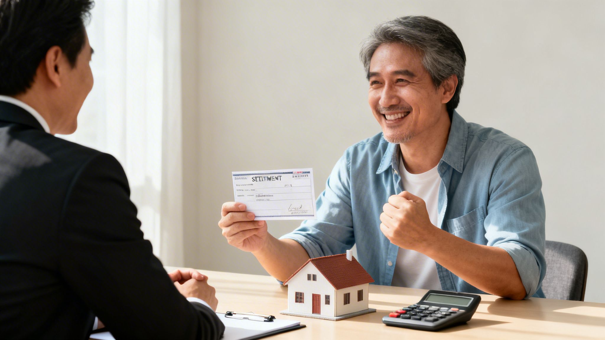 A happy man holds a settlement check from a public adjuster, with a house model on the table.