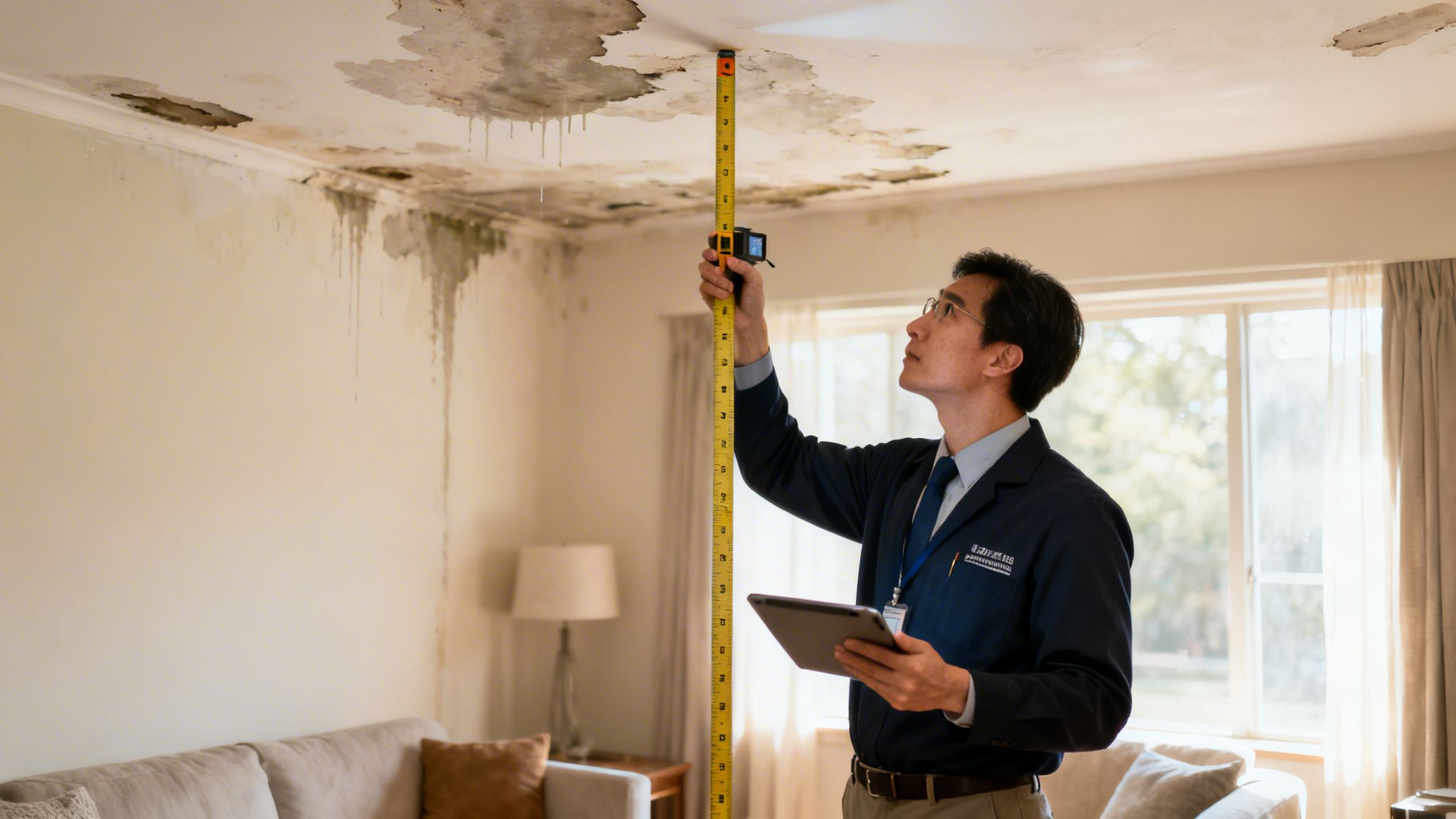 An adjuster measures severe water damage on a ceiling and wall in a living room.