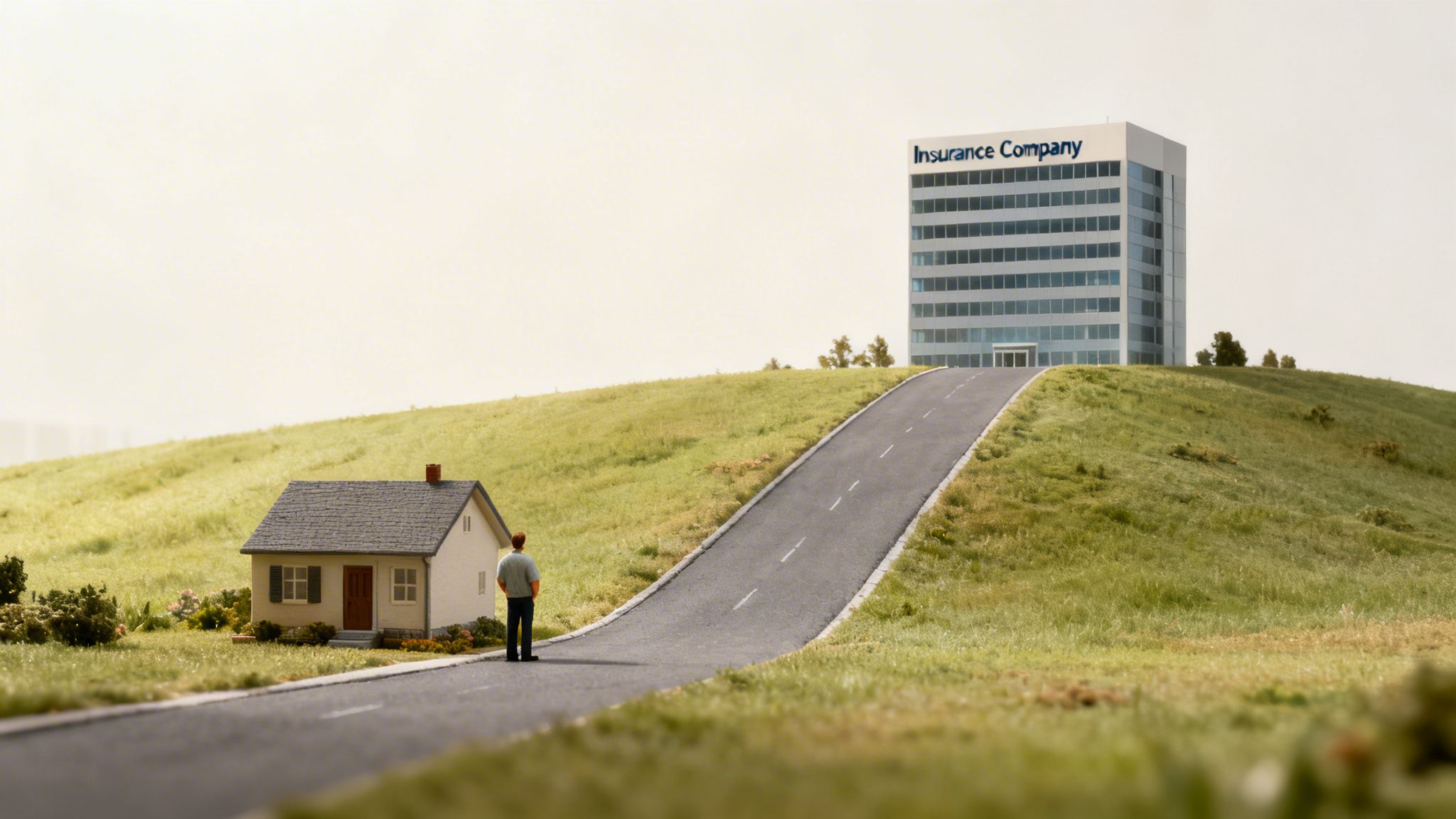 A miniature person stands by a small house, looking up a road towards an Insurance Company building on a hill over a State Farm homeowners claim dispute.