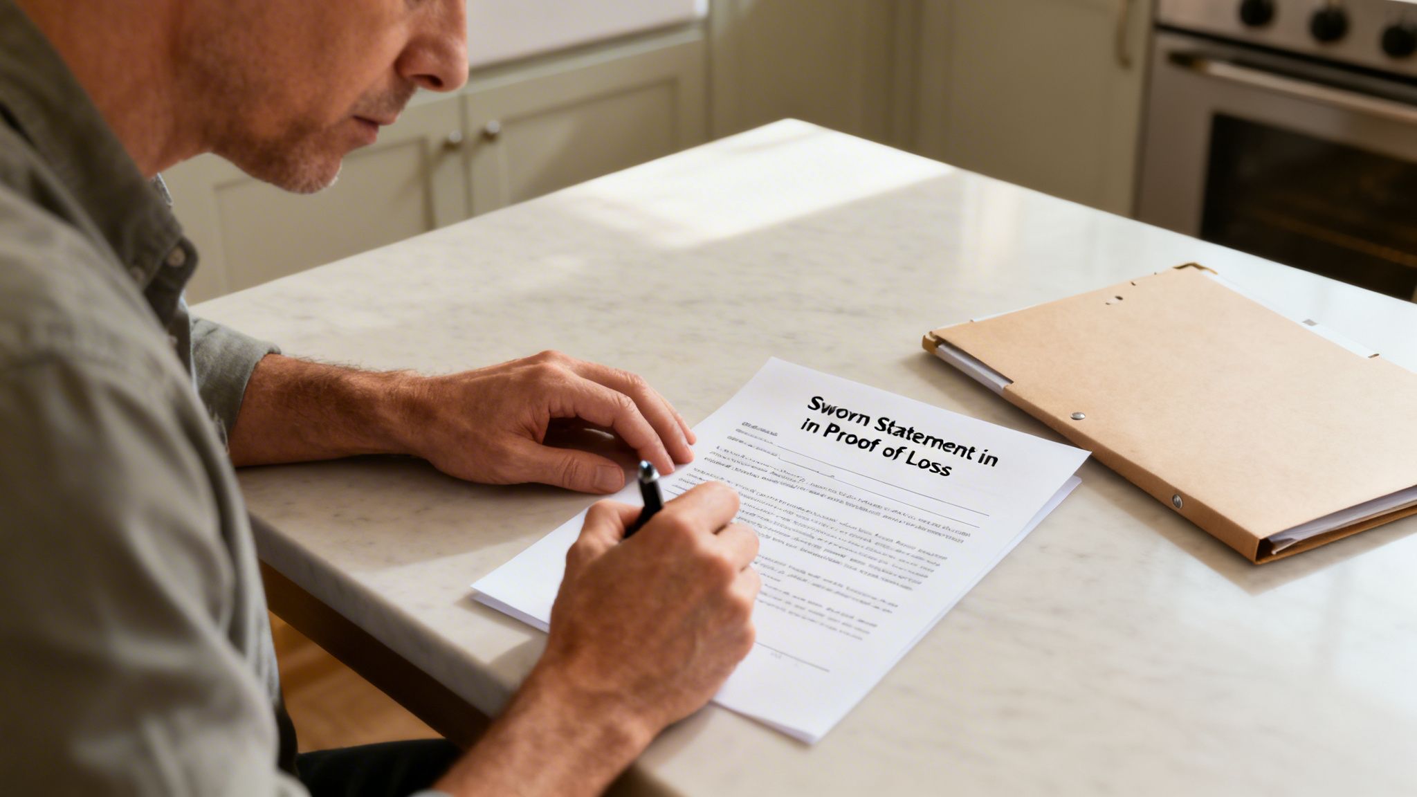 A man sits at a marble table, carefully signing a 'Sworn Statement in Proof of Loss' document.