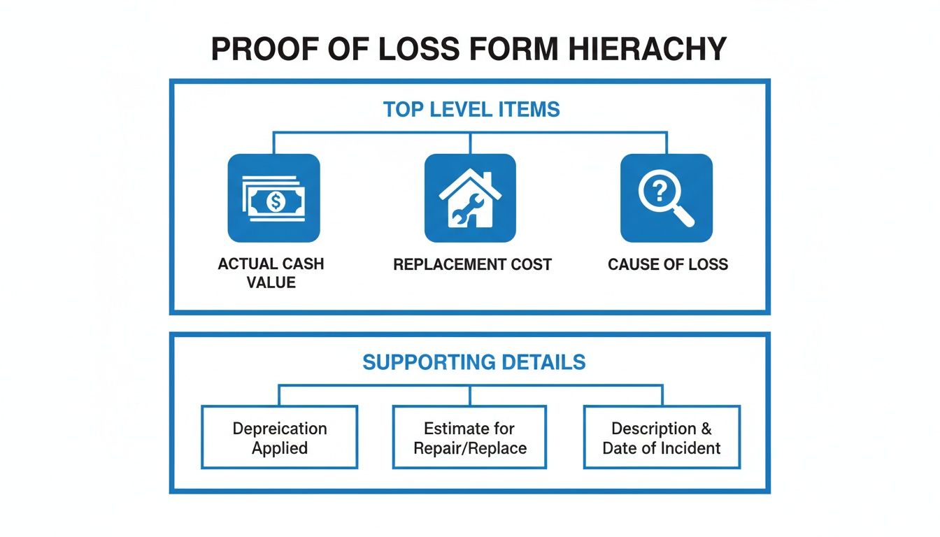 Hierarchy diagram showing proof of loss form items: actual cash value, replacement cost, cause of loss, and supporting details.