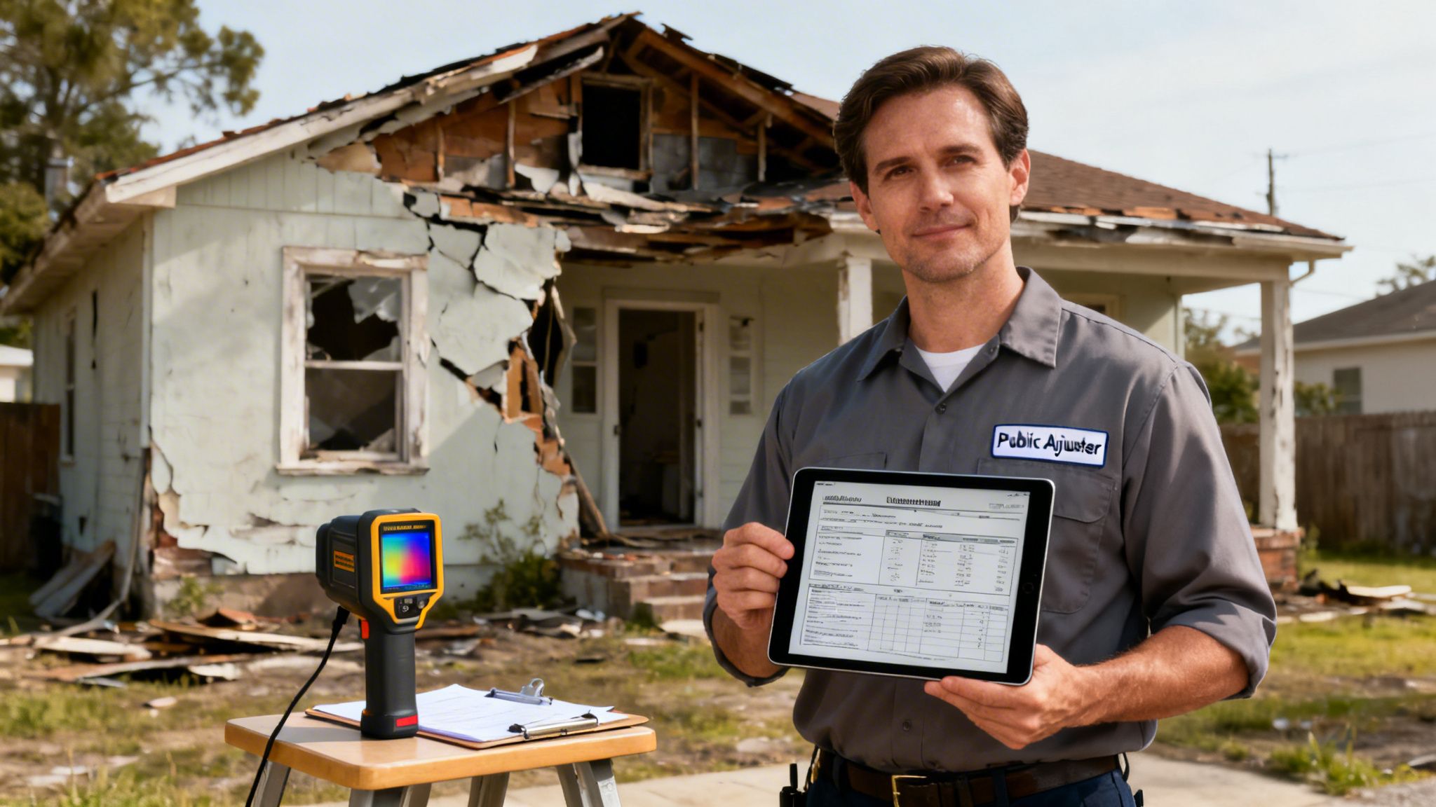 A public adjuster stands before a damaged house, holding a tablet, with a thermal camera nearby.
