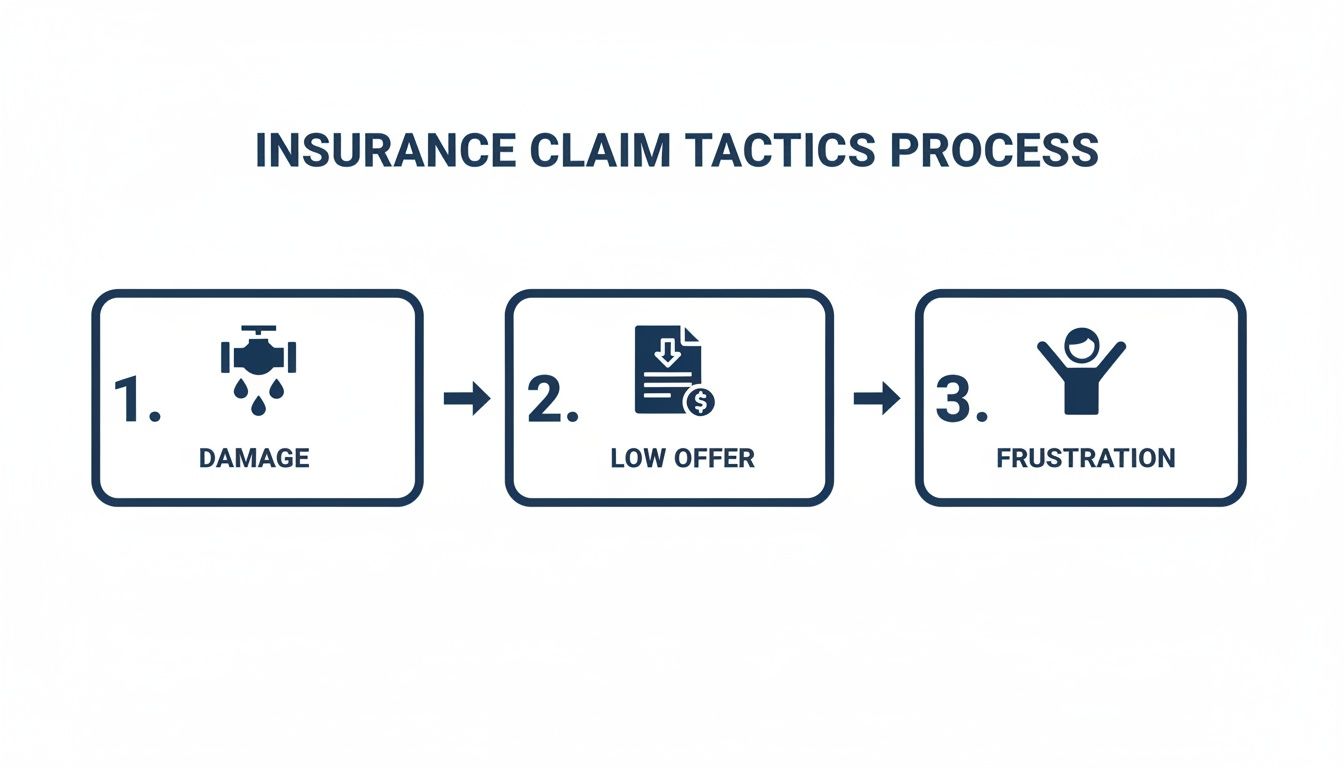 Flowchart illustrating the insurance claim tactics process, from initial damage to a low offer and resulting frustration.