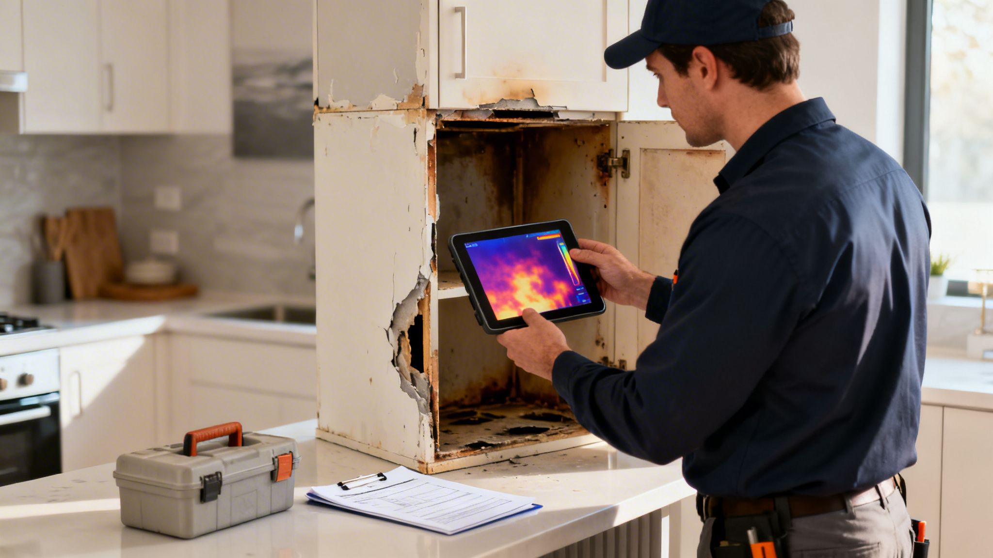 A professional inspects water-damaged kitchen cabinets with a thermal imaging tablet.