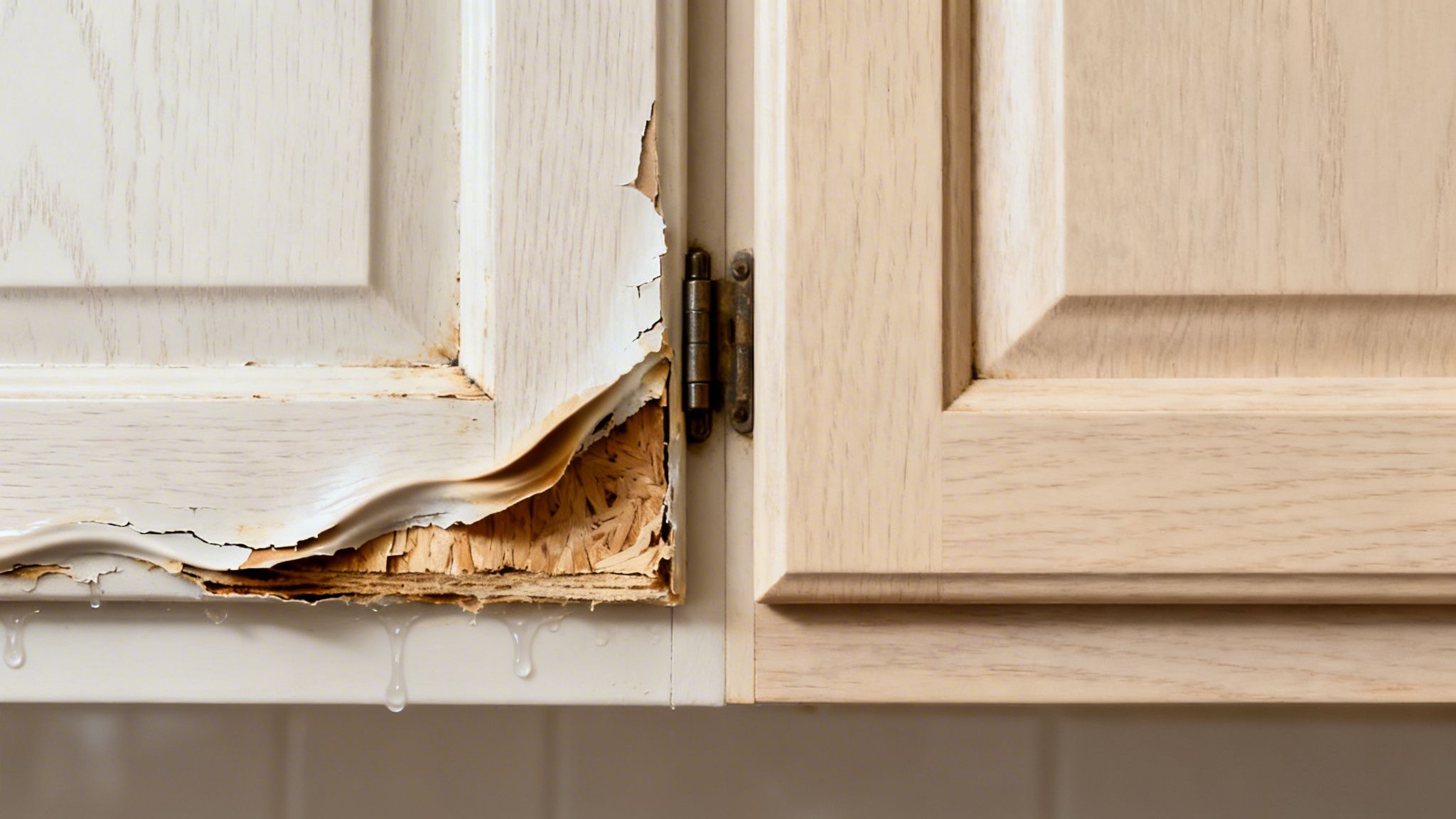 Kitchen cabinet door showing extensive water damage, with veneer peeling and water droplets dripping.