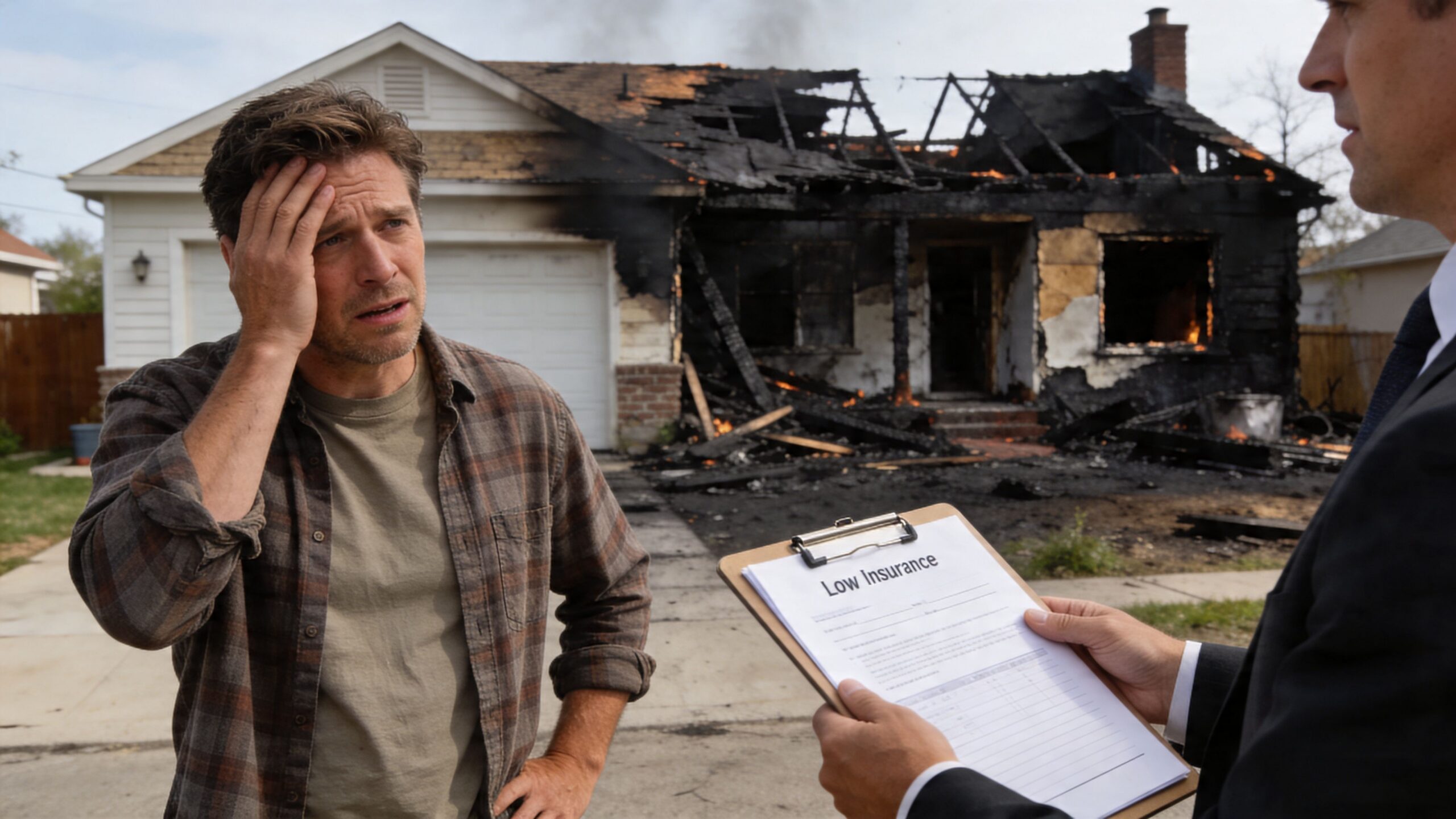 A distressed homeowner looks on as an insurance adjuster presents a document labeled Low Insurance in front of a house destroyed by fire.