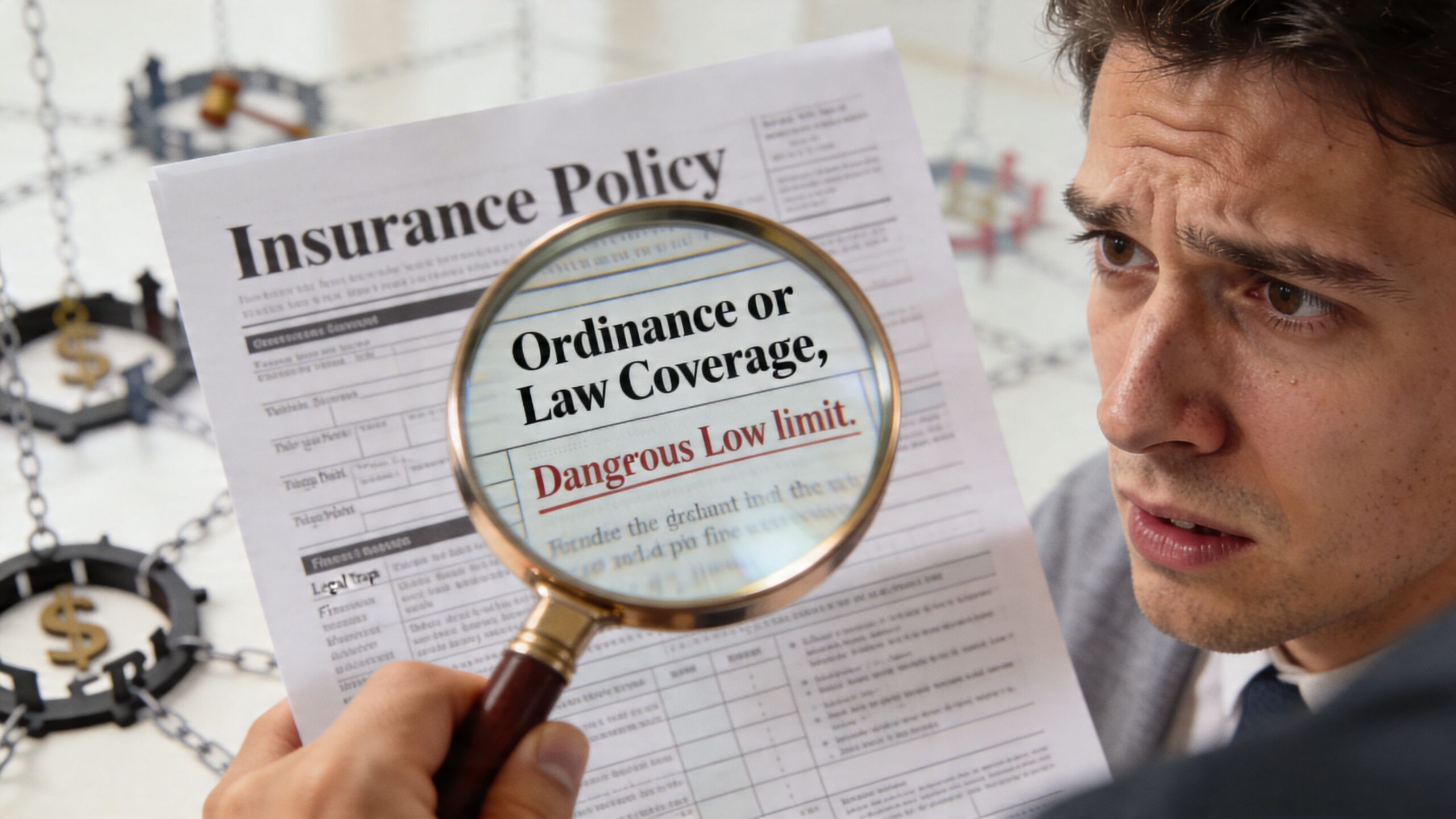 A concerned businessman examines an insurance policy document with a magnifying glass highlighting dangerous ordinance or law coverage.