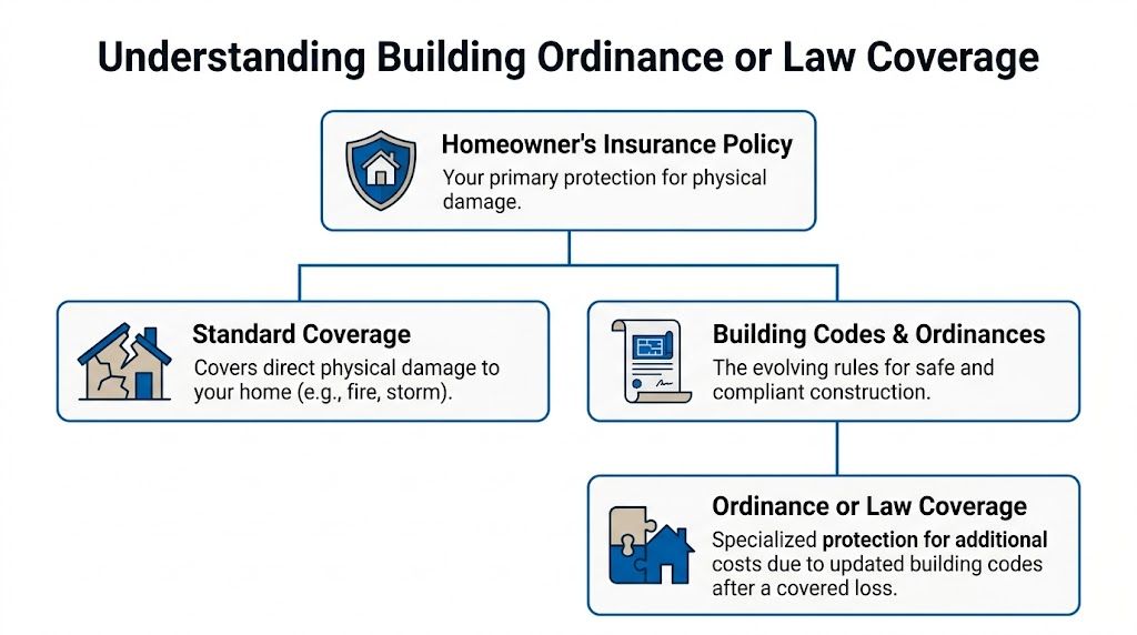 A diagram illustrating how homeowner's insurance policy coverage splits into standard physical damage and building ordinance coverage.