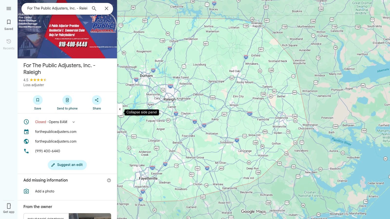Screenshot from https://www.google.com/maps/place/For+The+Public+Adjusters,+Inc.+-+Raleigh/@35.685214,-78.3530269,9z/data=!4m8!3m7!1s0x89ac92c93168704b:0x354c4dafdac2495a!8m2!3d35.685214!4d-78.3530269!9m1!1b1!16s%2Fg%2F1q6n2jwrf?entry=ttu