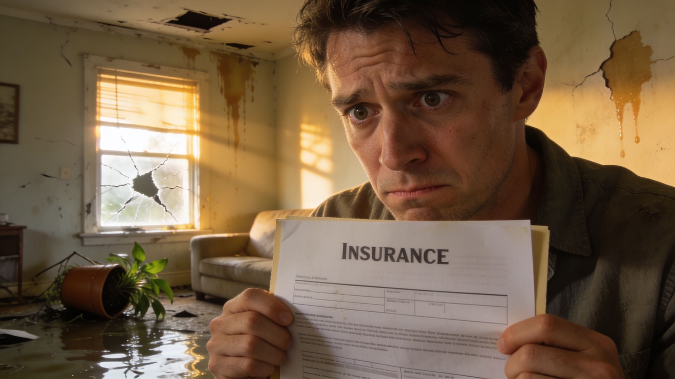A distressed man holding an insurance document in front of his damaged, flooded living room after a storm.