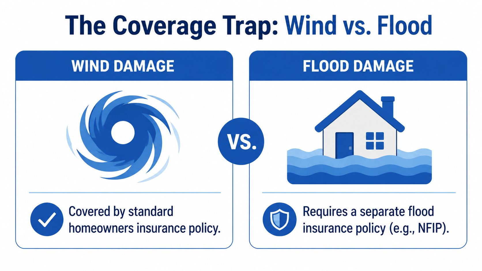 A comparison infographic explaining that wind damage is covered by homeowners insurance, but flood damage requires separate coverage.
