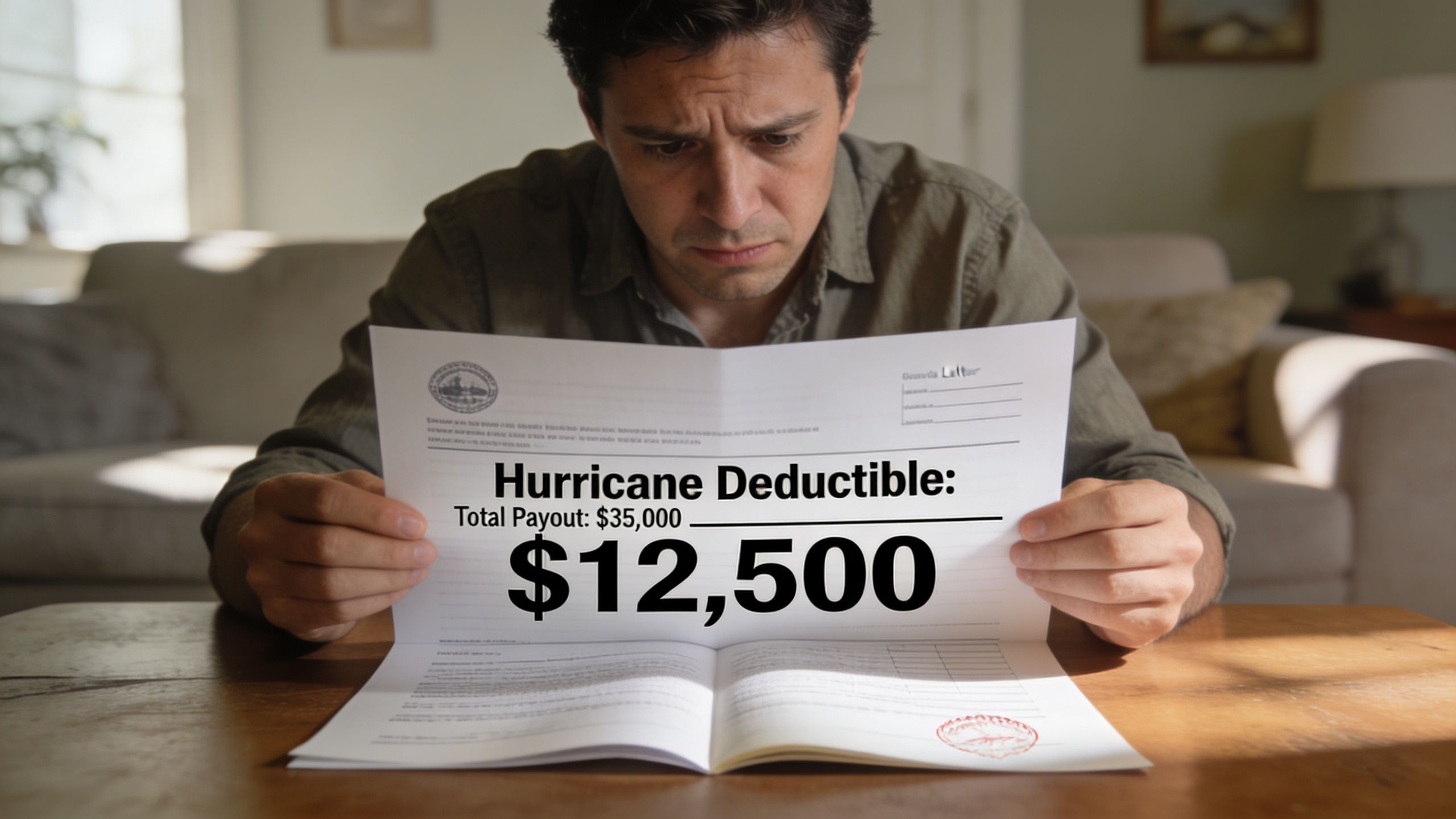 A concerned man sitting at a table looking down at a insurance document listing a hurricane deductible.