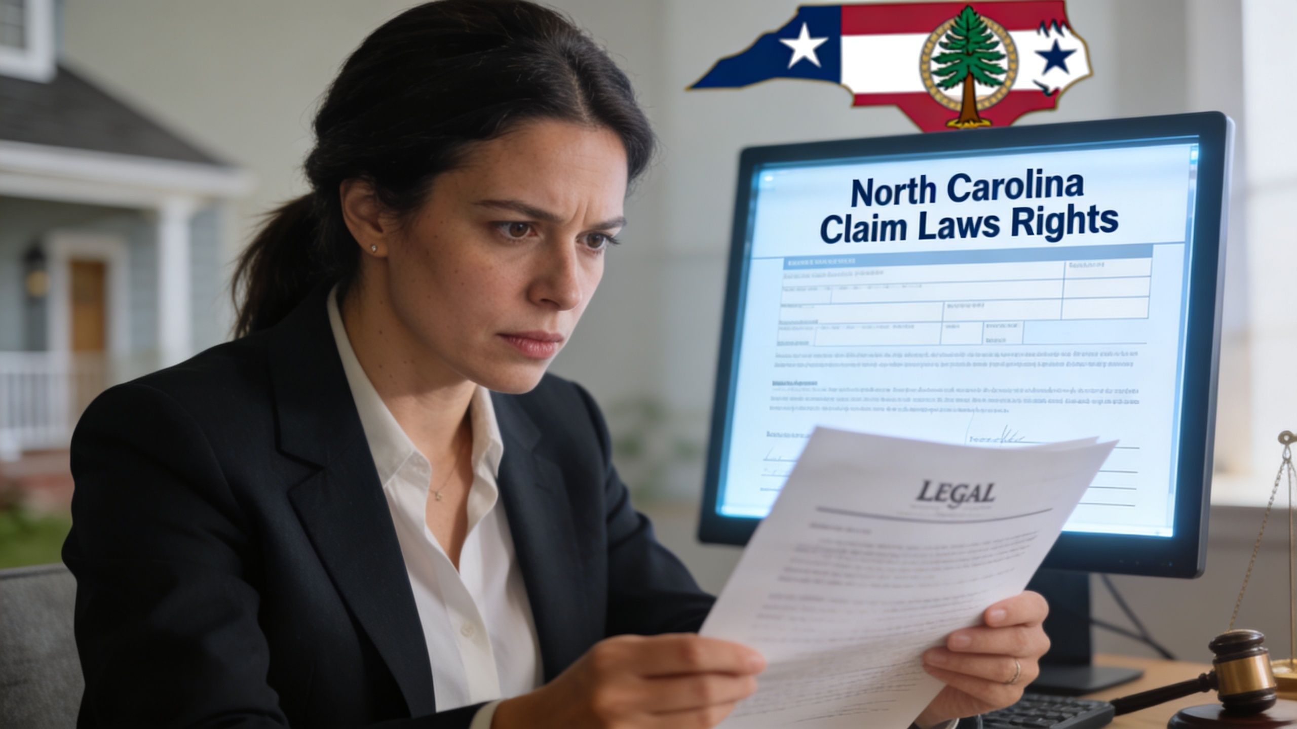 A professional woman in a suit reviews legal documents about North Carolina insurance claim laws at her desk.