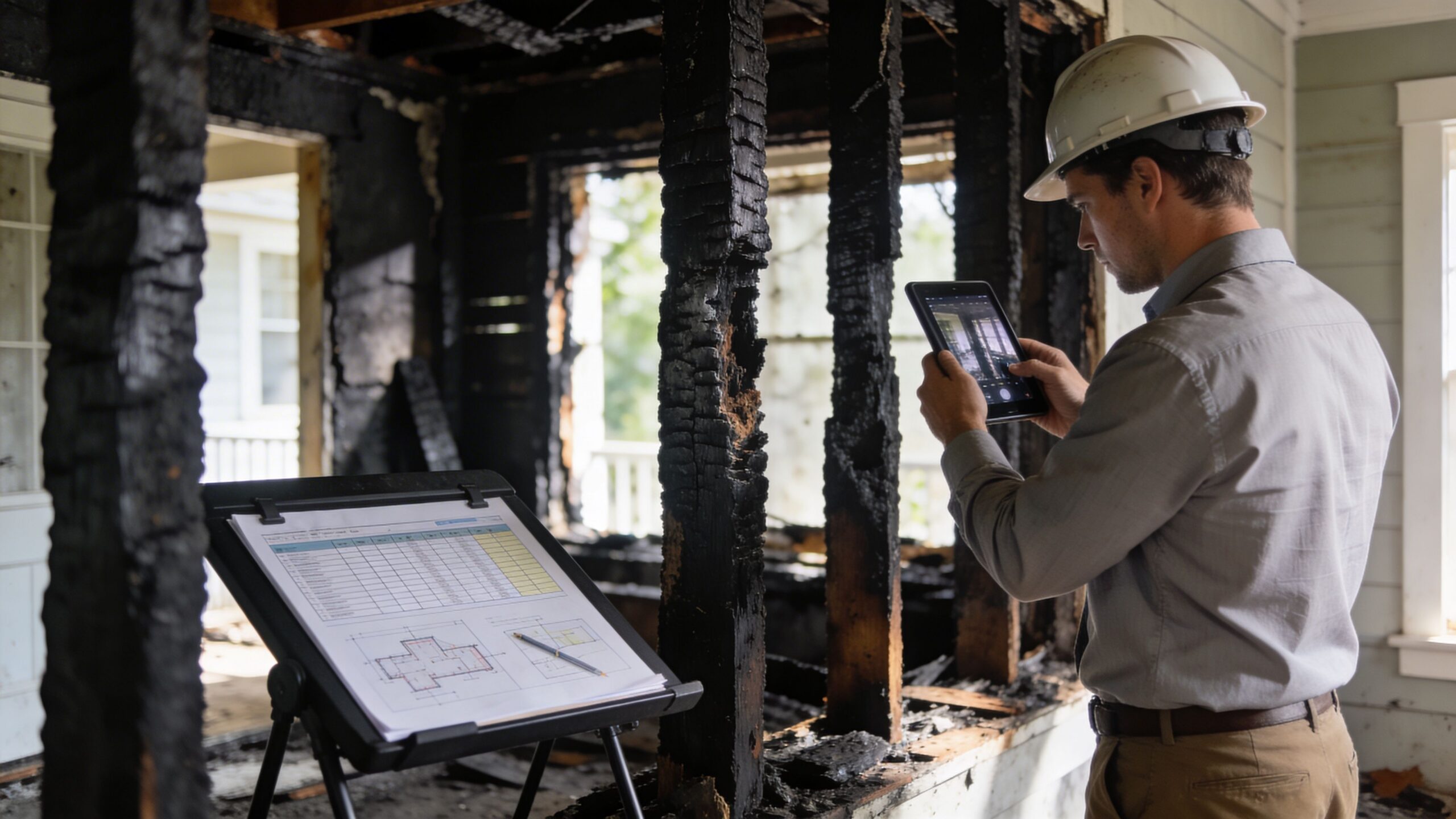 A professional Fire Damage Claim Adjuster in NC inspects a severely fire damaged home.