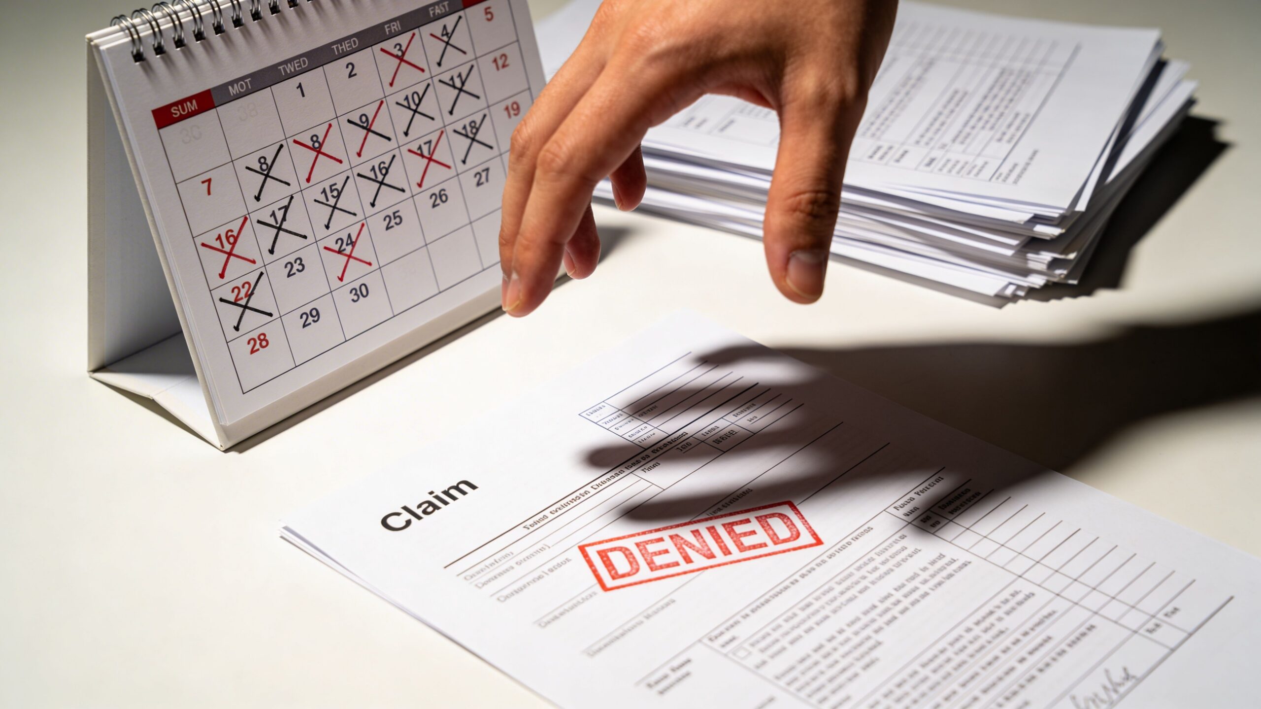 A hand reaching over a document labeled Claim with a red Denied stamp and a marked calendar.