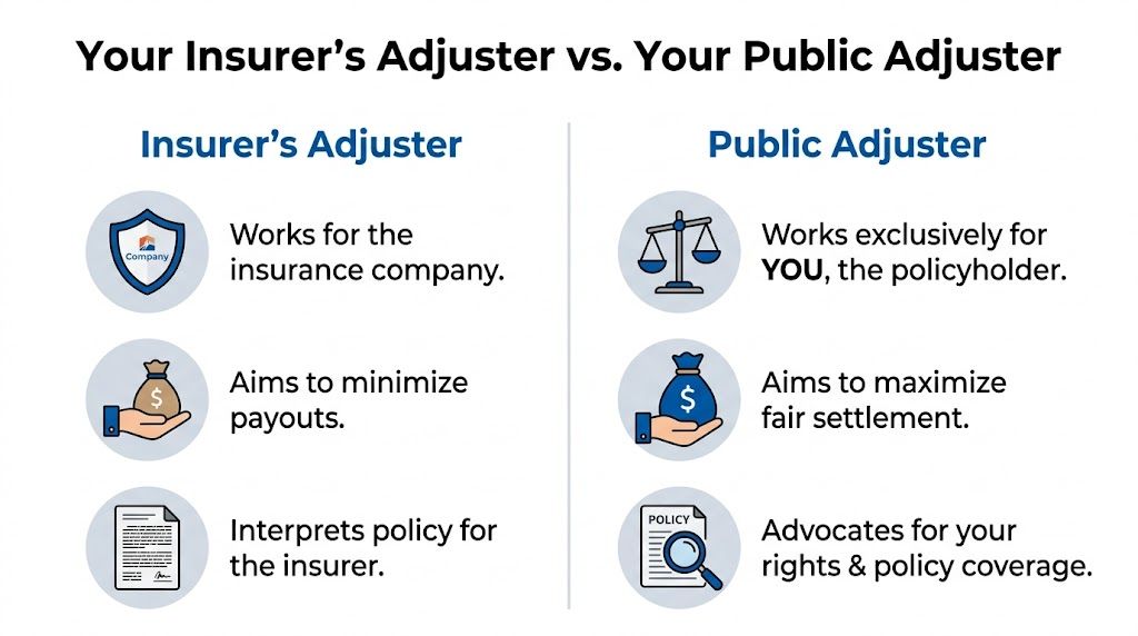 A comparison chart showing the differences between an insurance company adjuster and a public adjuster.