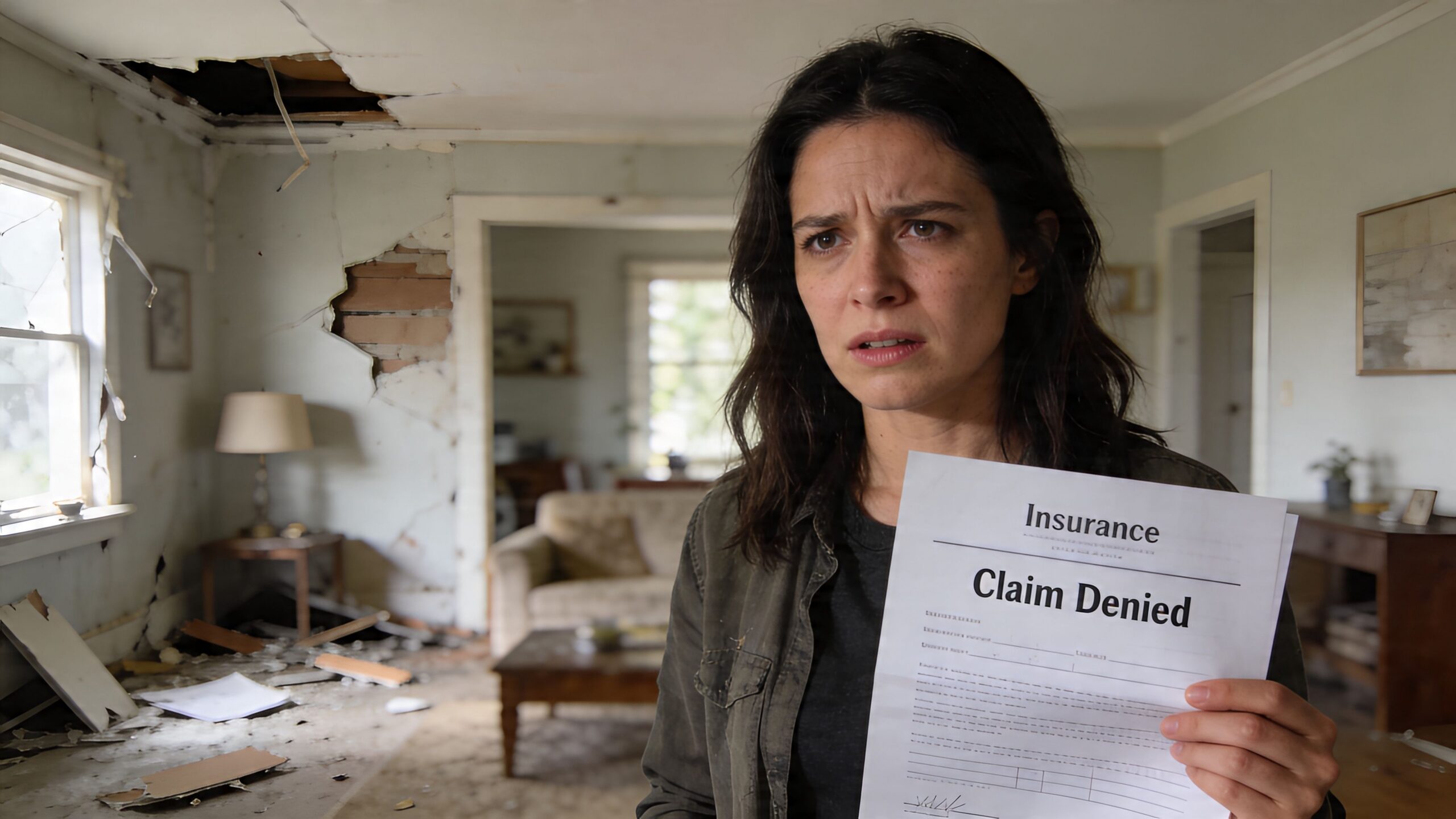 A distressed woman holding an insurance claim denied letter standing inside a home with damaged walls.