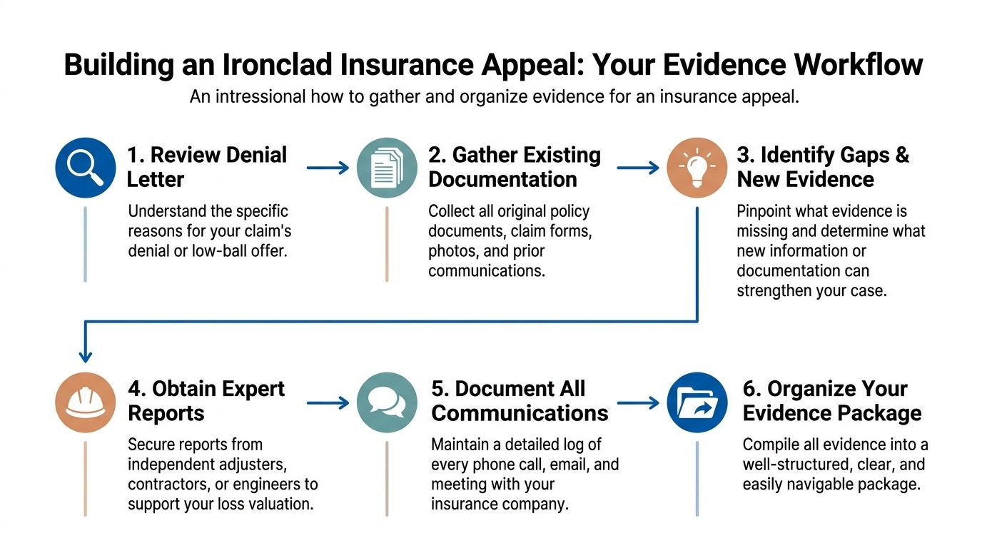A six-step flowchart infographic explaining the process for building and organizing an ironclad insurance claim appeal.