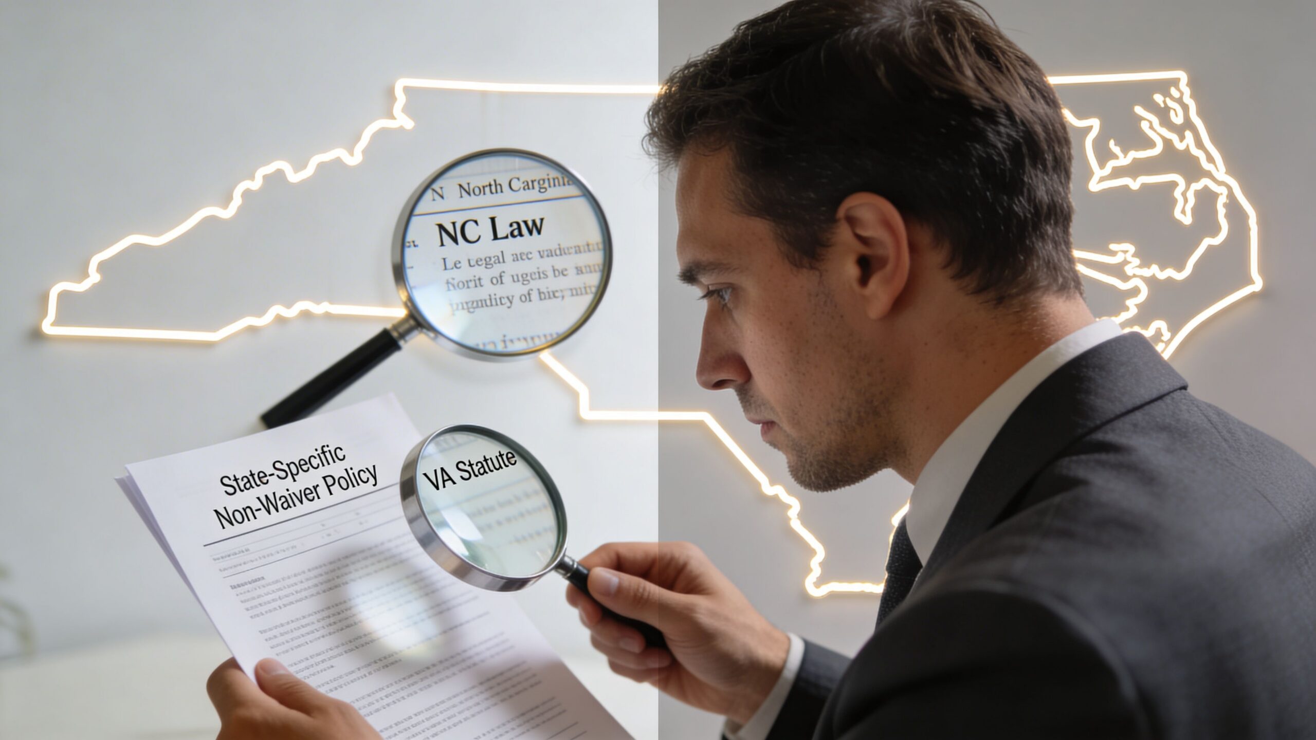 A professional in a suit examines a document with a magnifying glass against a North Carolina map.