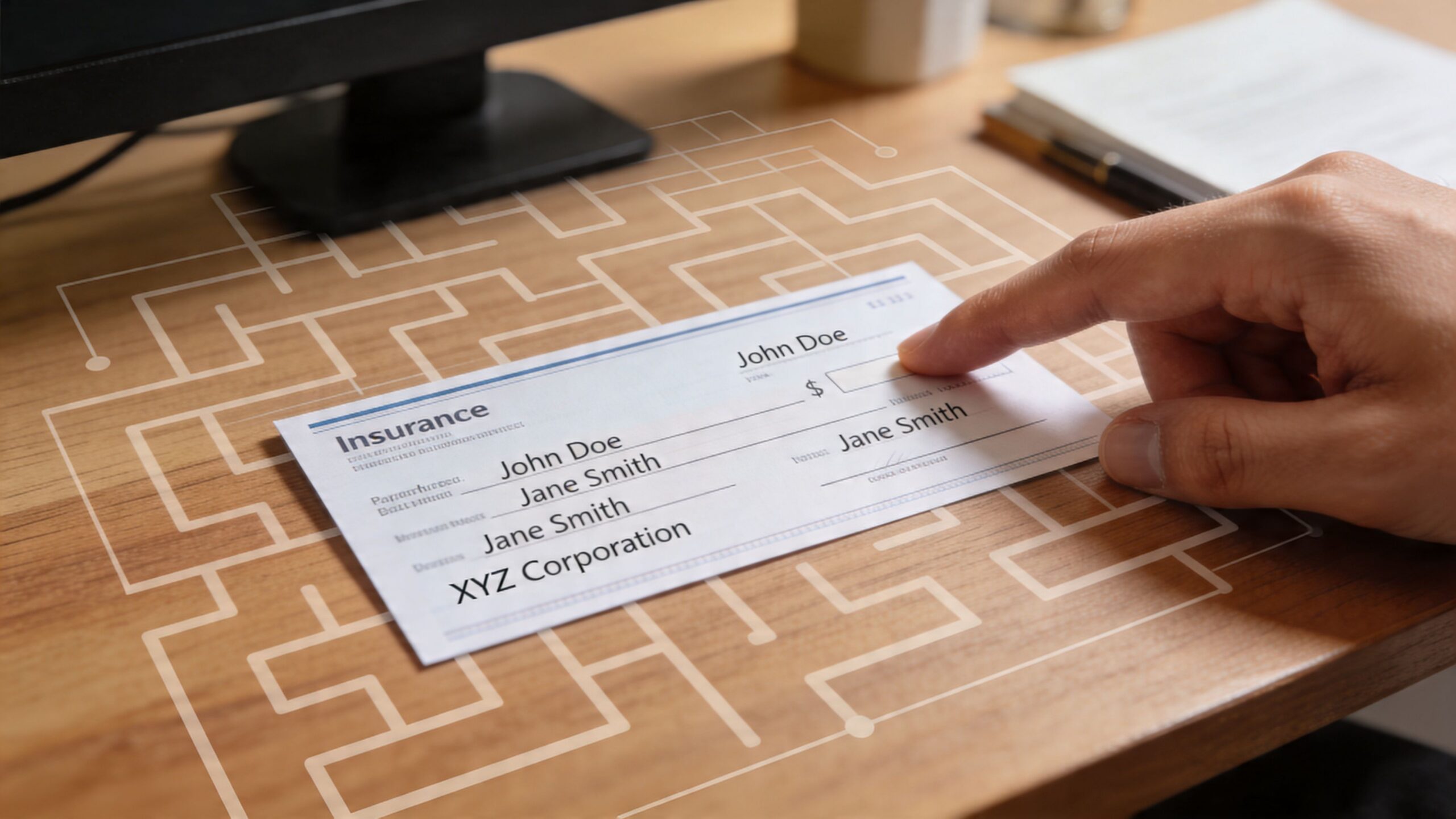A hand touching a check on a wooden desk with a digital maze pattern overlay - Is The Public Adjuster on Check?