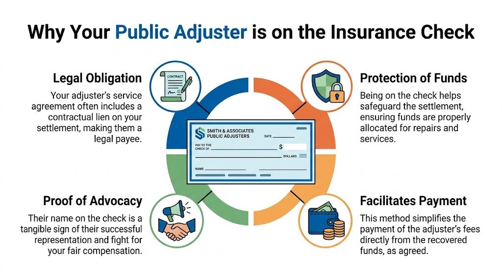 An infographic explaining four key reasons why a public adjuster is named on an insurance settlement check.