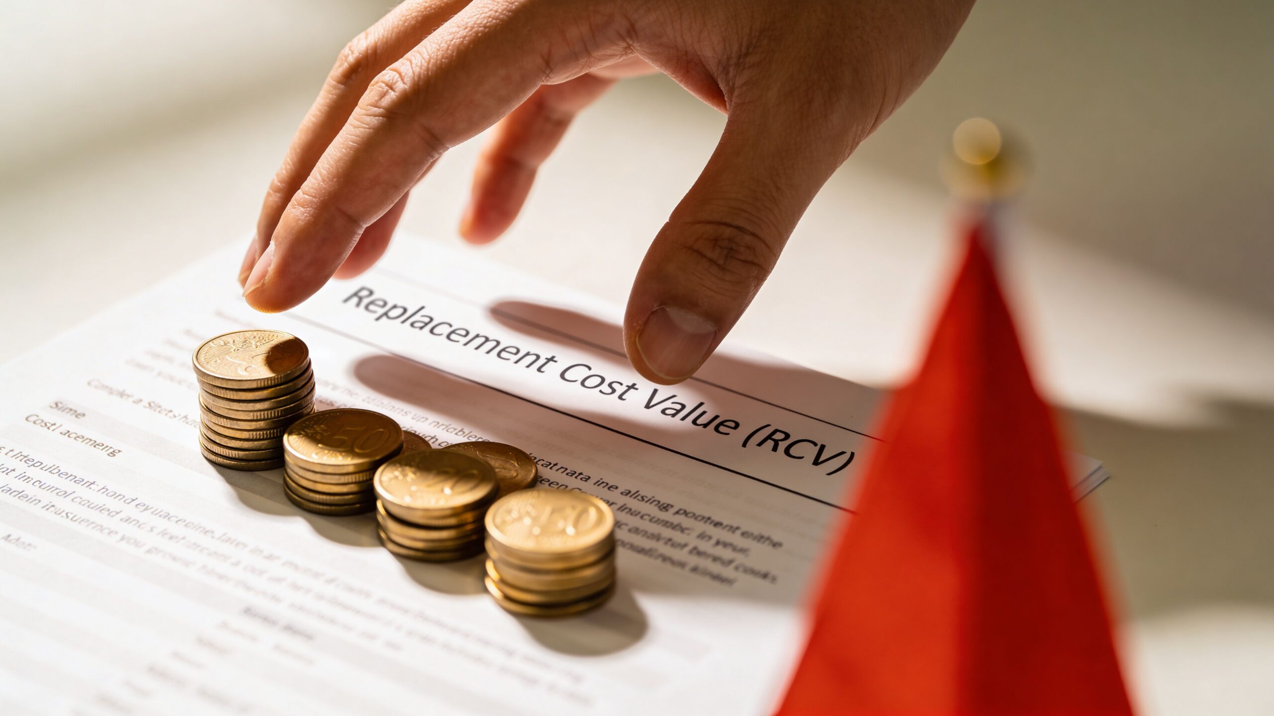 A hand placing coins on a document titled Replacement Cost Value with a red decorative object nearby.