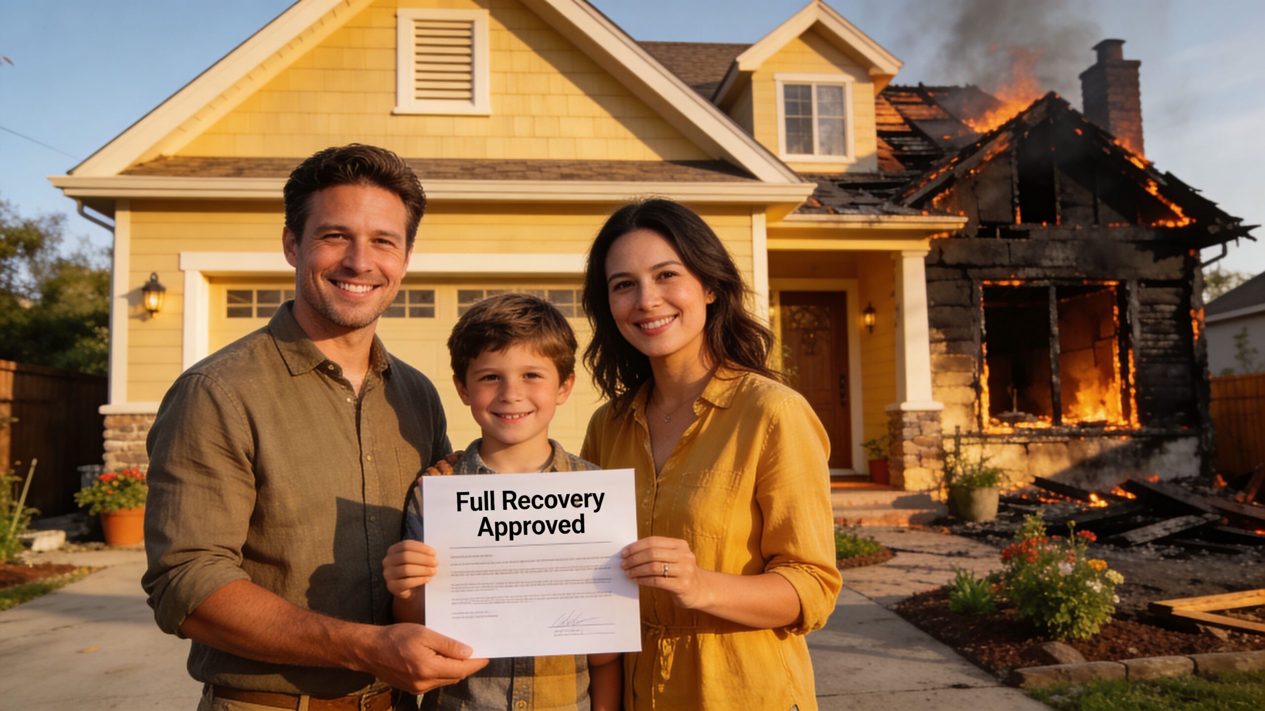 A happy family holding a Full Recovery Approved document in front of their home damaged by fire because of their Replacement Cost Endorsement.