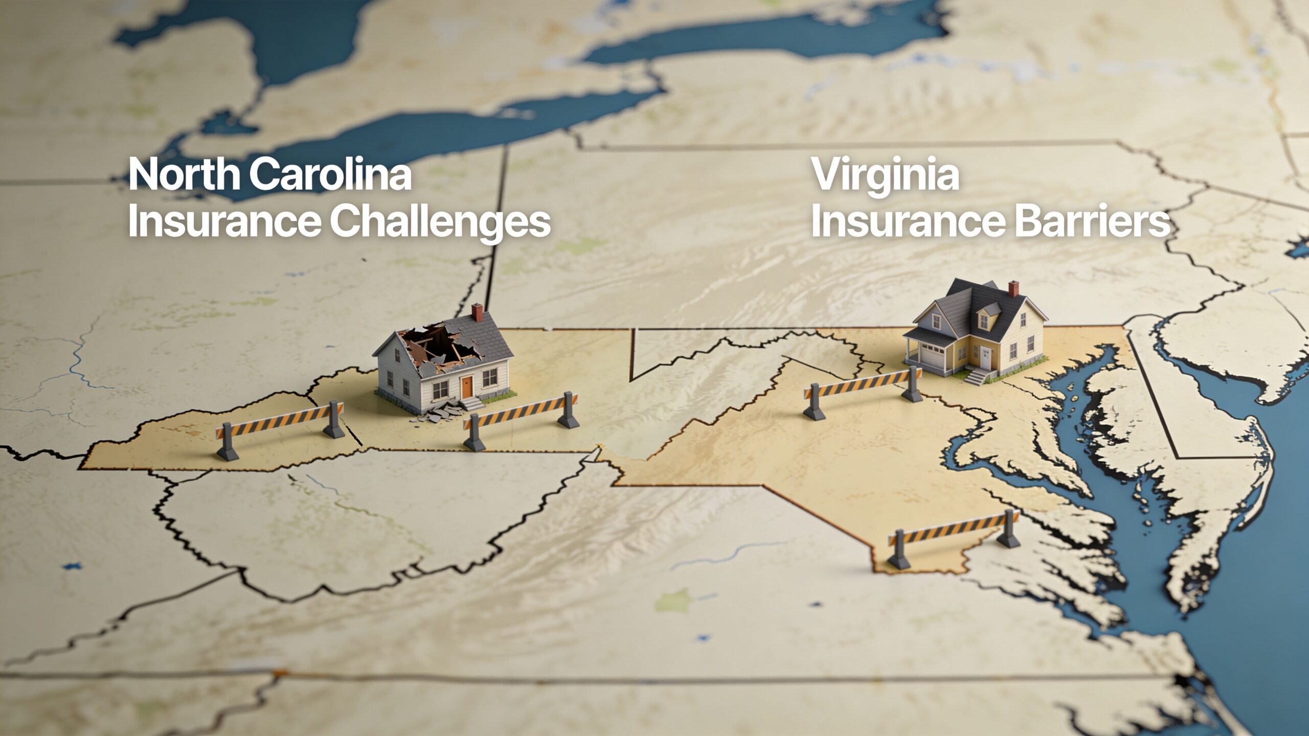 A map of North Carolina and Virginia featuring stylized houses and construction barriers representing insurance industry challenges.