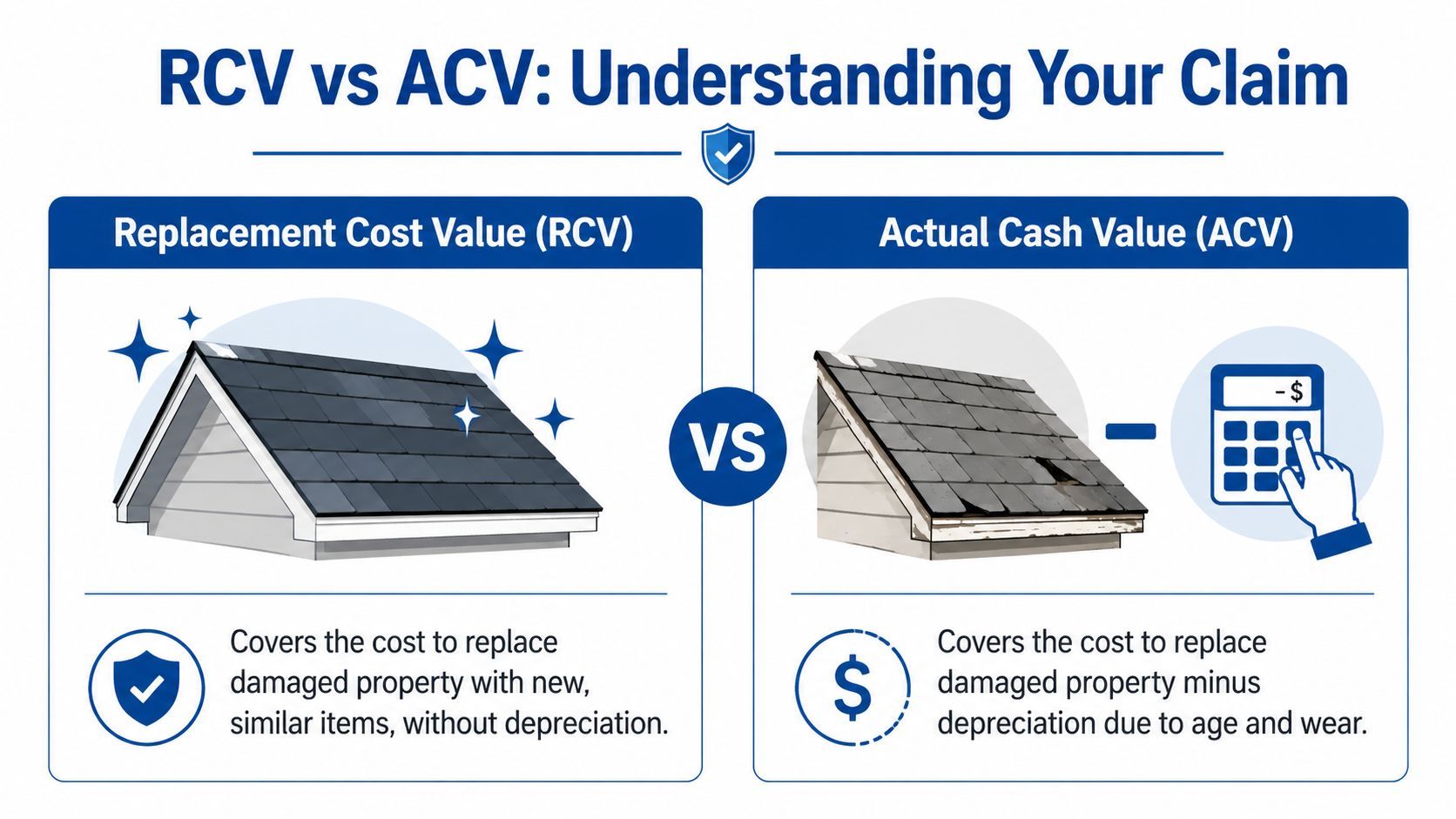 An infographic comparing Replacement Cost Value and Actual Cash Value for insurance claims with house roof illustrations.