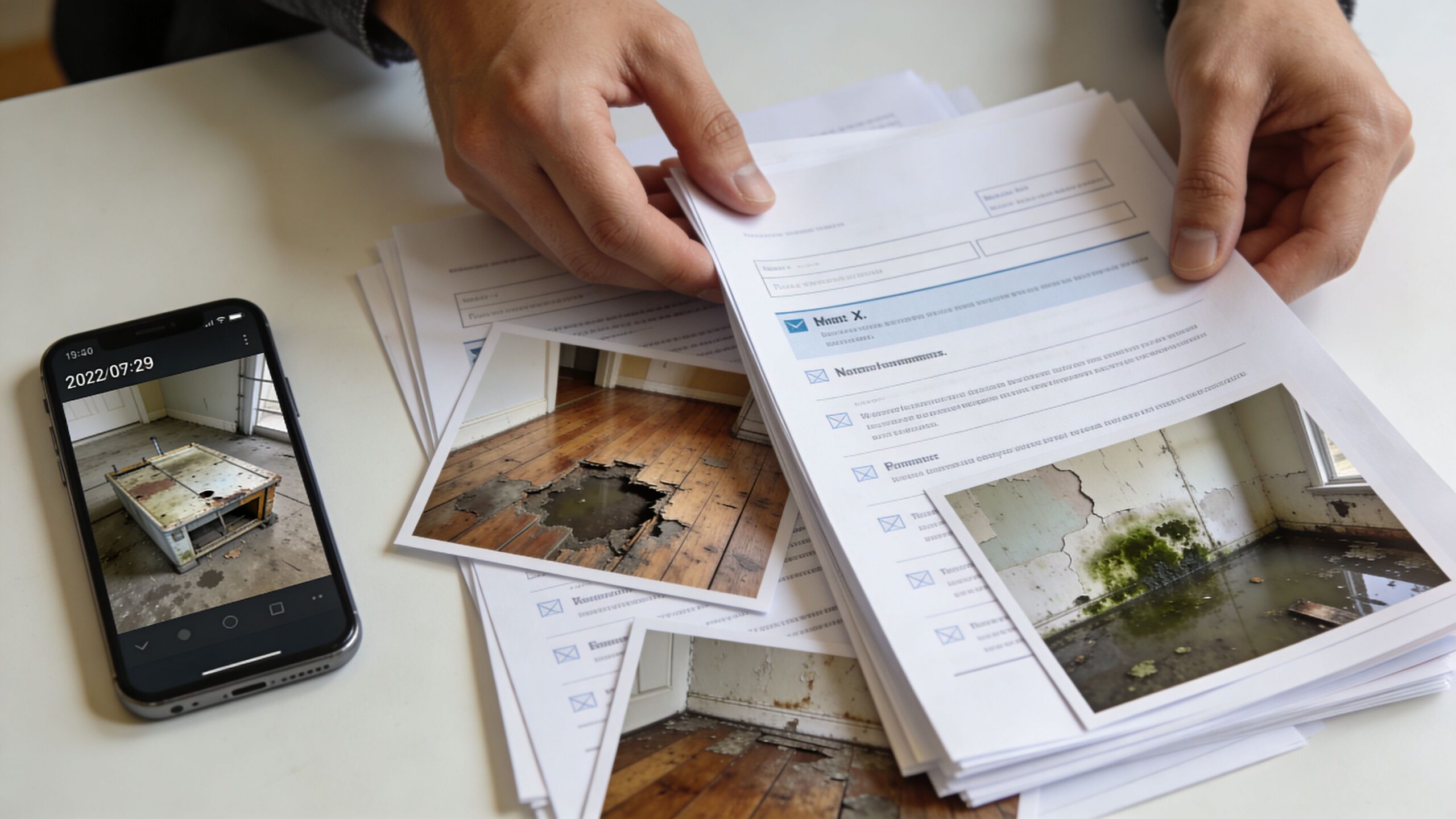 A person holding insurance documents and photos displaying severe home water damage and flooring decay.