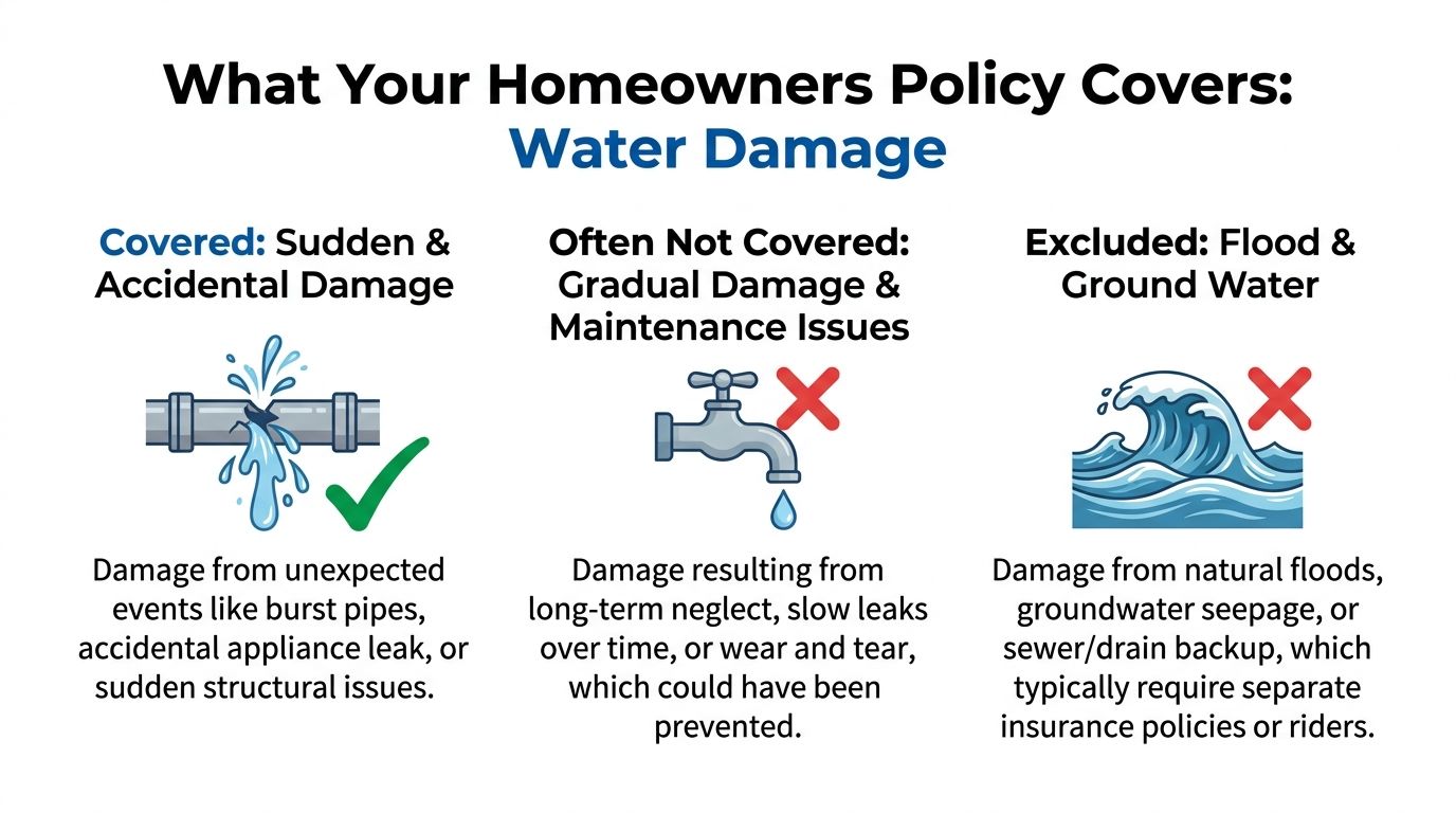 A guide illustrating Water Damage Coverage on Homeowners Insurance and what is typically excluded.
