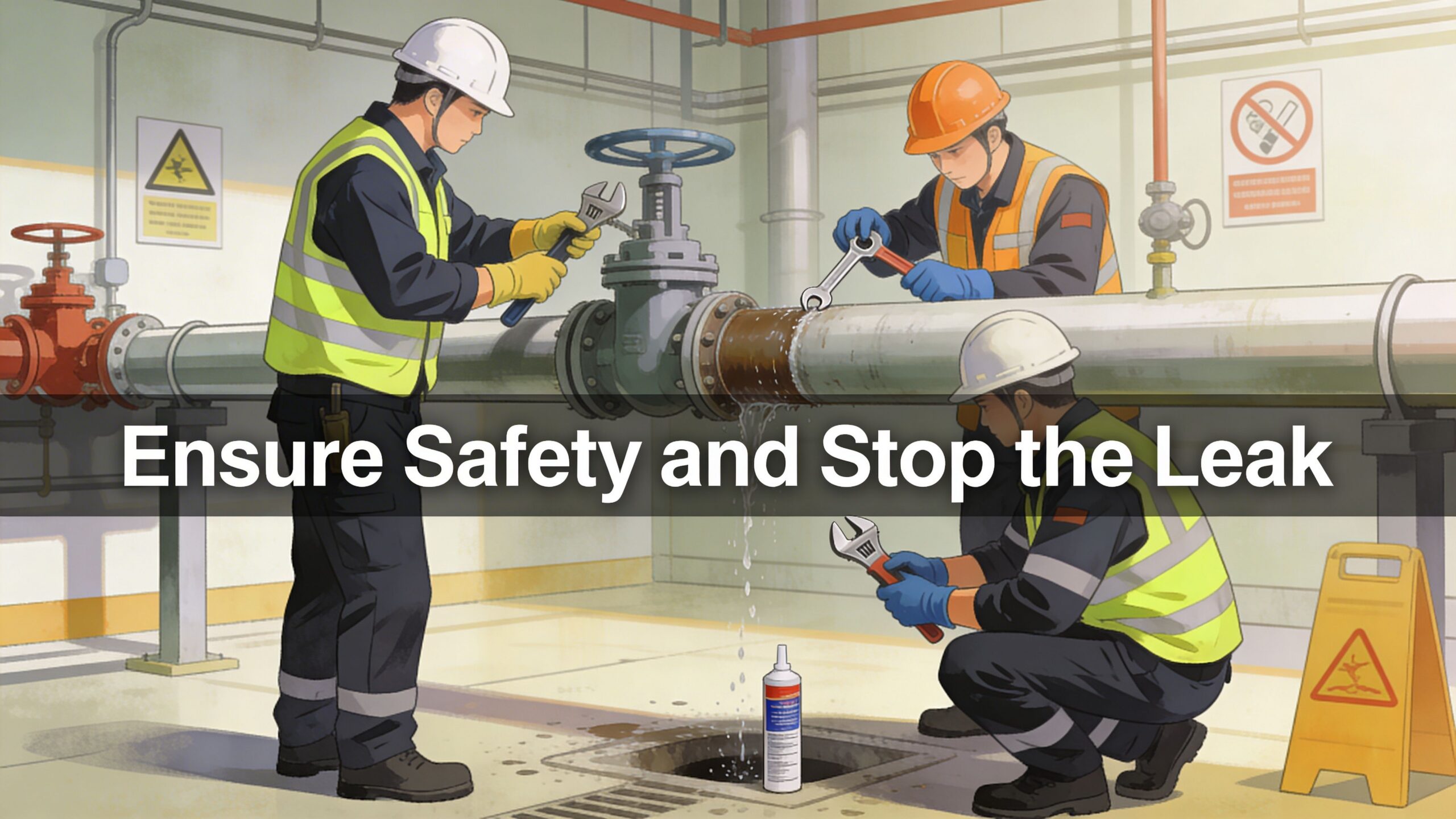 Three industrial workers in safety gear repairing a leaking water pipe in a warehouse setting. Water Damage From Burst Pipe.