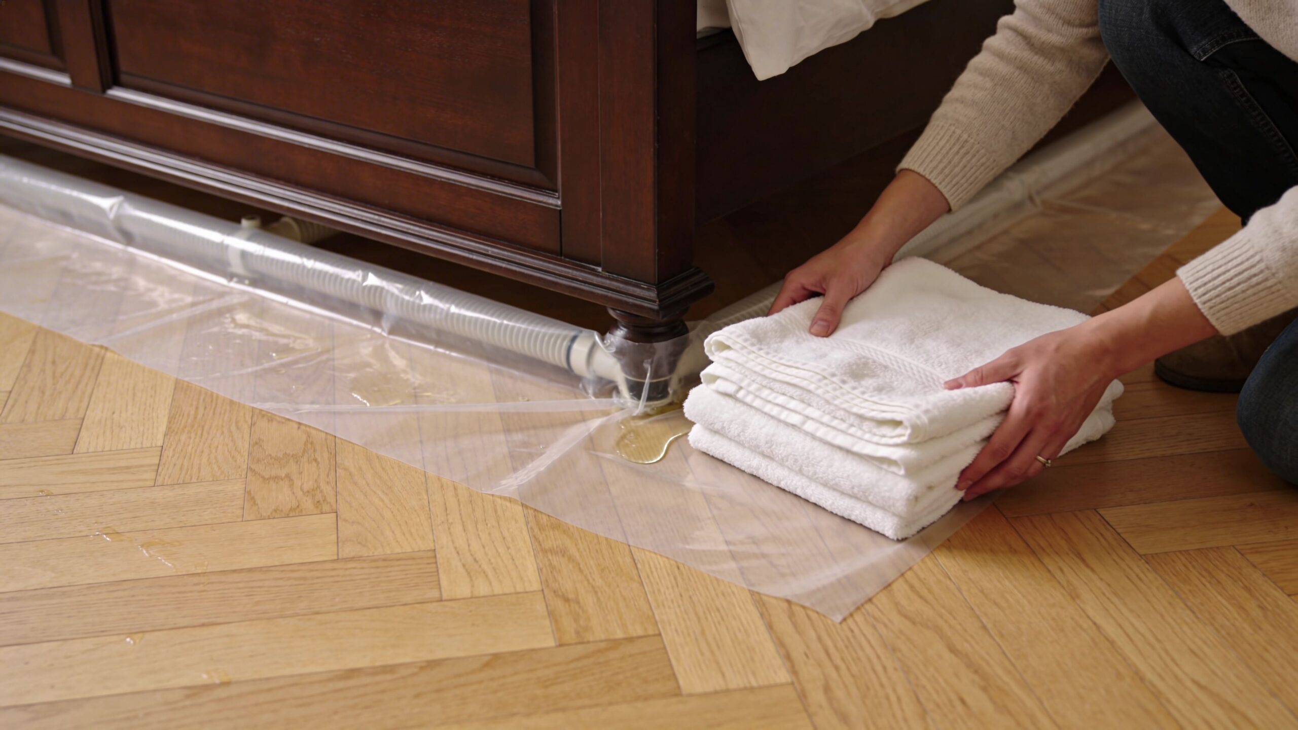 A person kneeling on a wooden floor placing white towels near a leaking bed pipe structure.