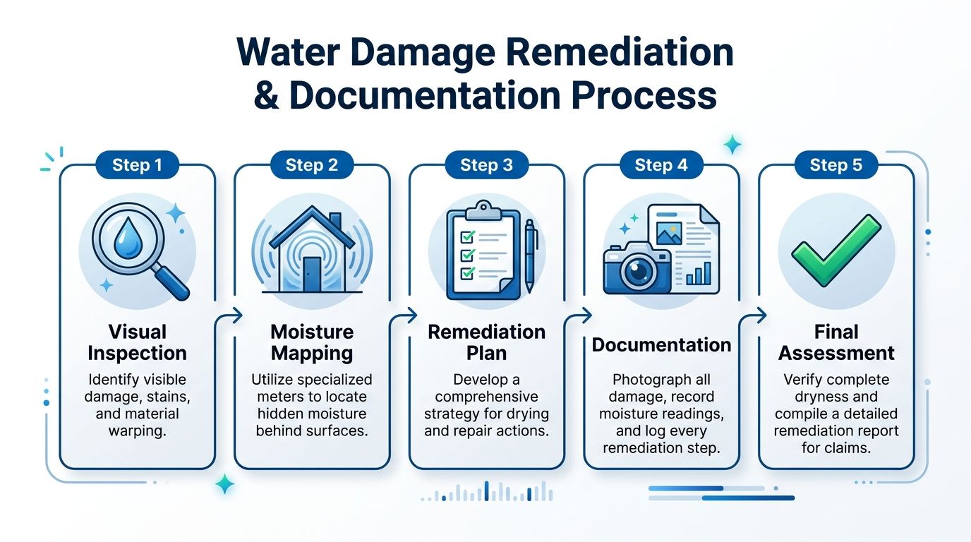 A five-step infographic illustrating the professional water damage remediation and documentation process from inspection to final assessment - Water Damage From Burst Pipe