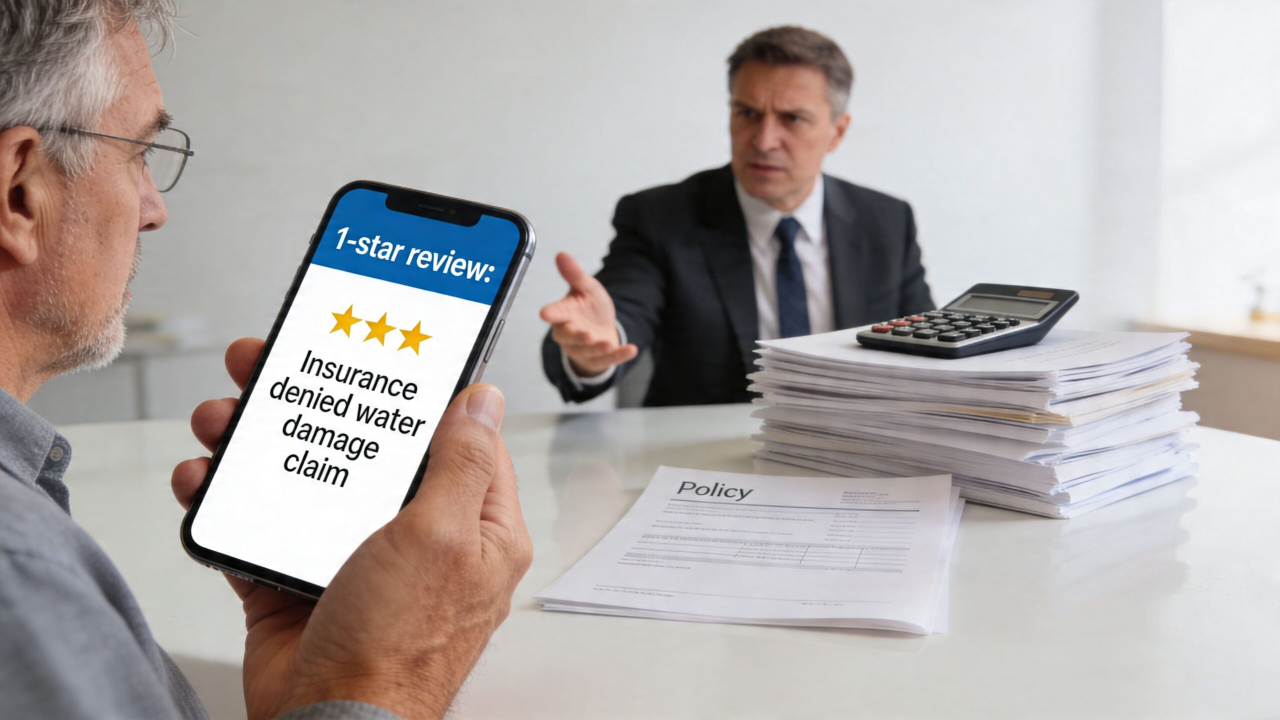A man shows a phone displaying a negative insurance review to a concerned insurance agent across a desk.