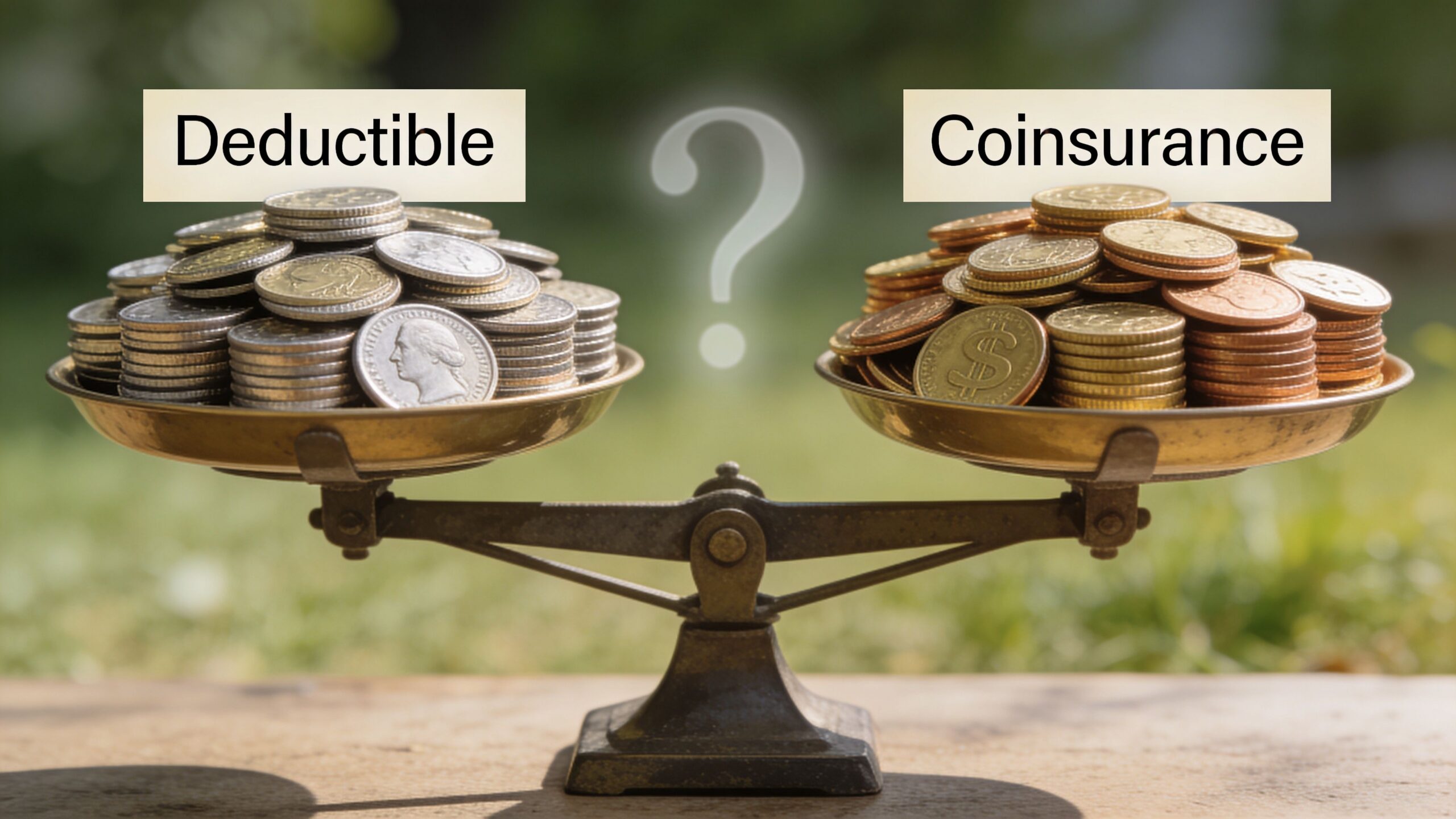 A scale comparing coins for Deductible and Coinsurance concepts in health insurance with a large question mark.