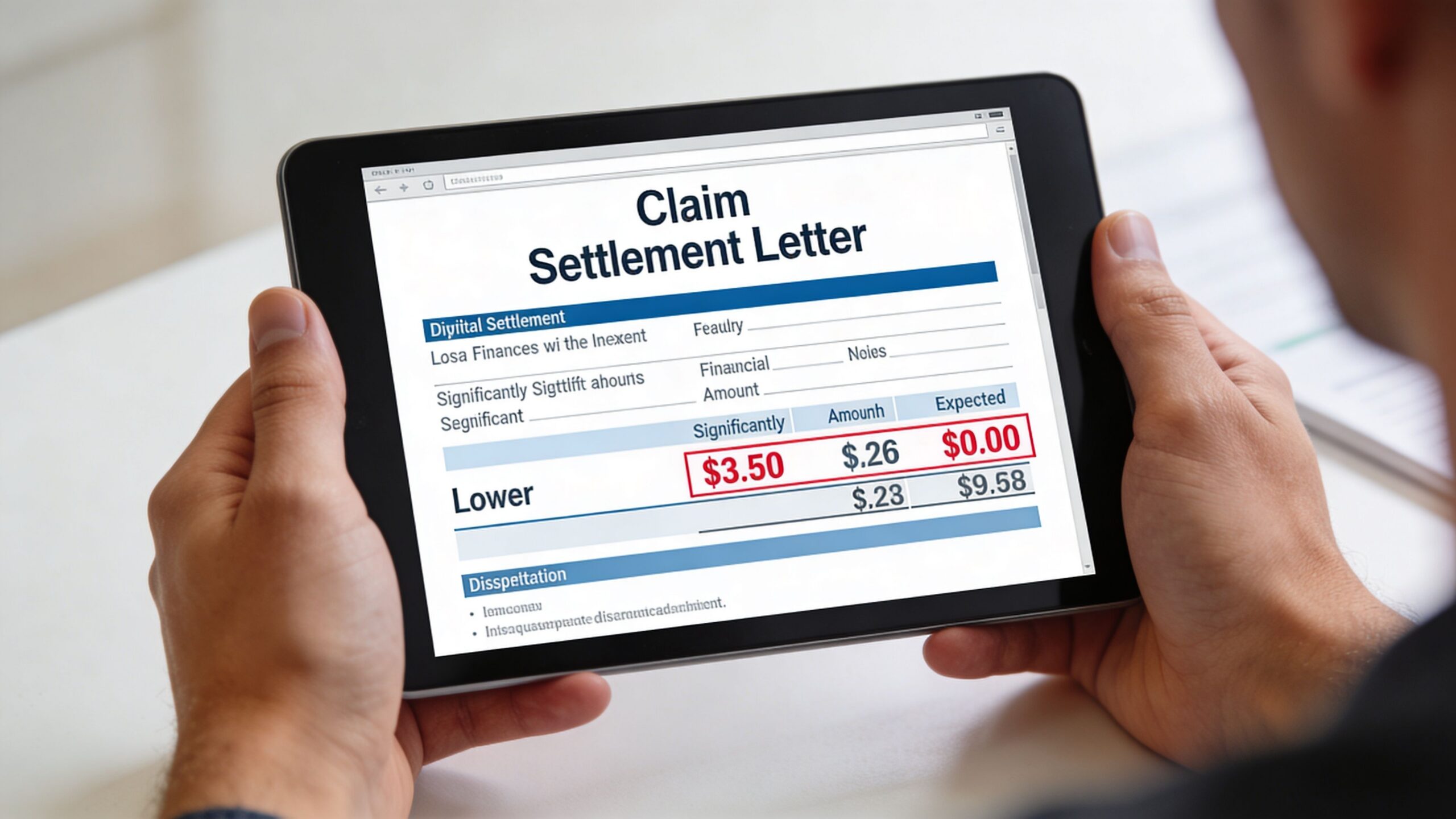 A person holding a digital tablet displaying a claim settlement letter document with financial figures on screen.
