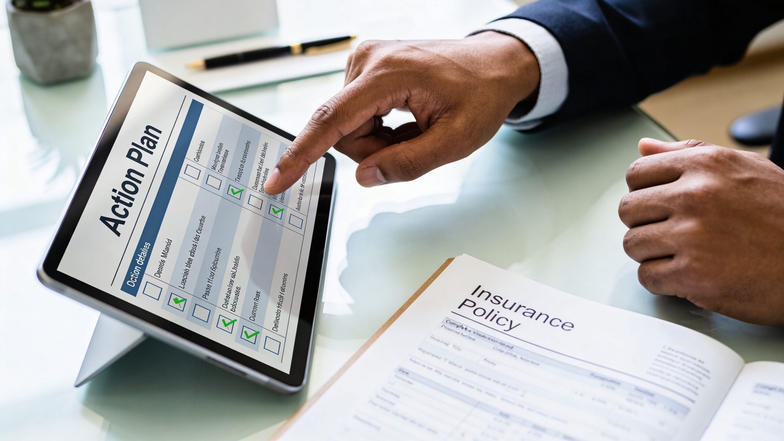 A professional analyzing an action plan on a tablet next to an insurance policy document.