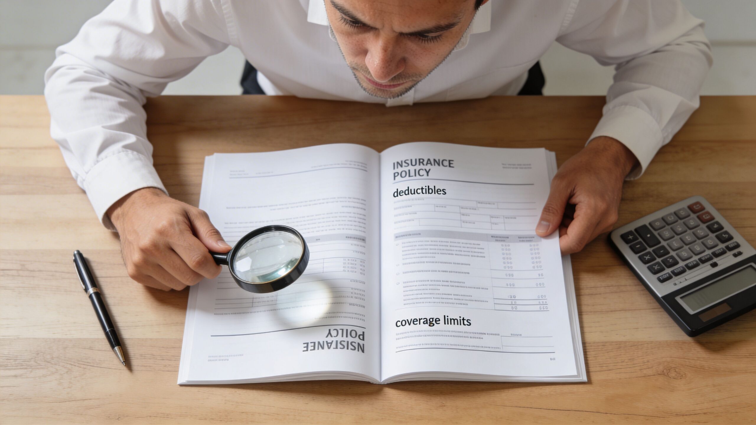 A man in a white shirt reviewing an insurance policy document with a magnifying glass at a desk.