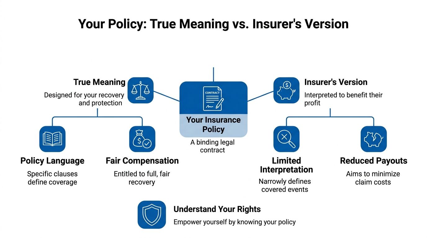 A diagram contrasting the true meaning of an insurance policy versus the insurer's interpreted version - What Does The Homeowners Insurance Cover?