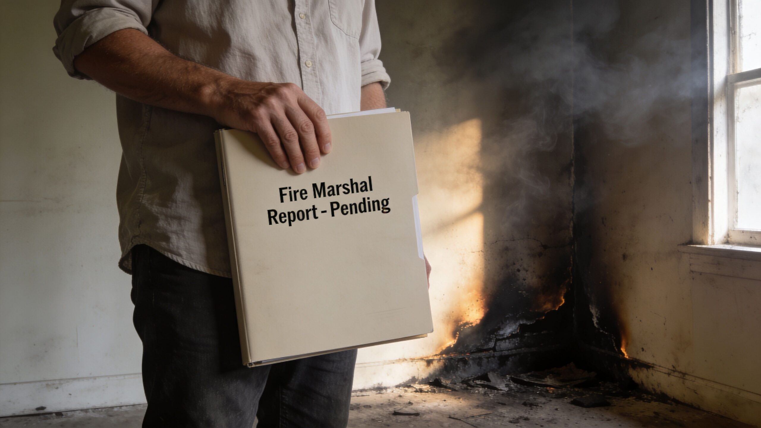 A person holding a Fire Marshal report pending folder in a room damaged by fire.