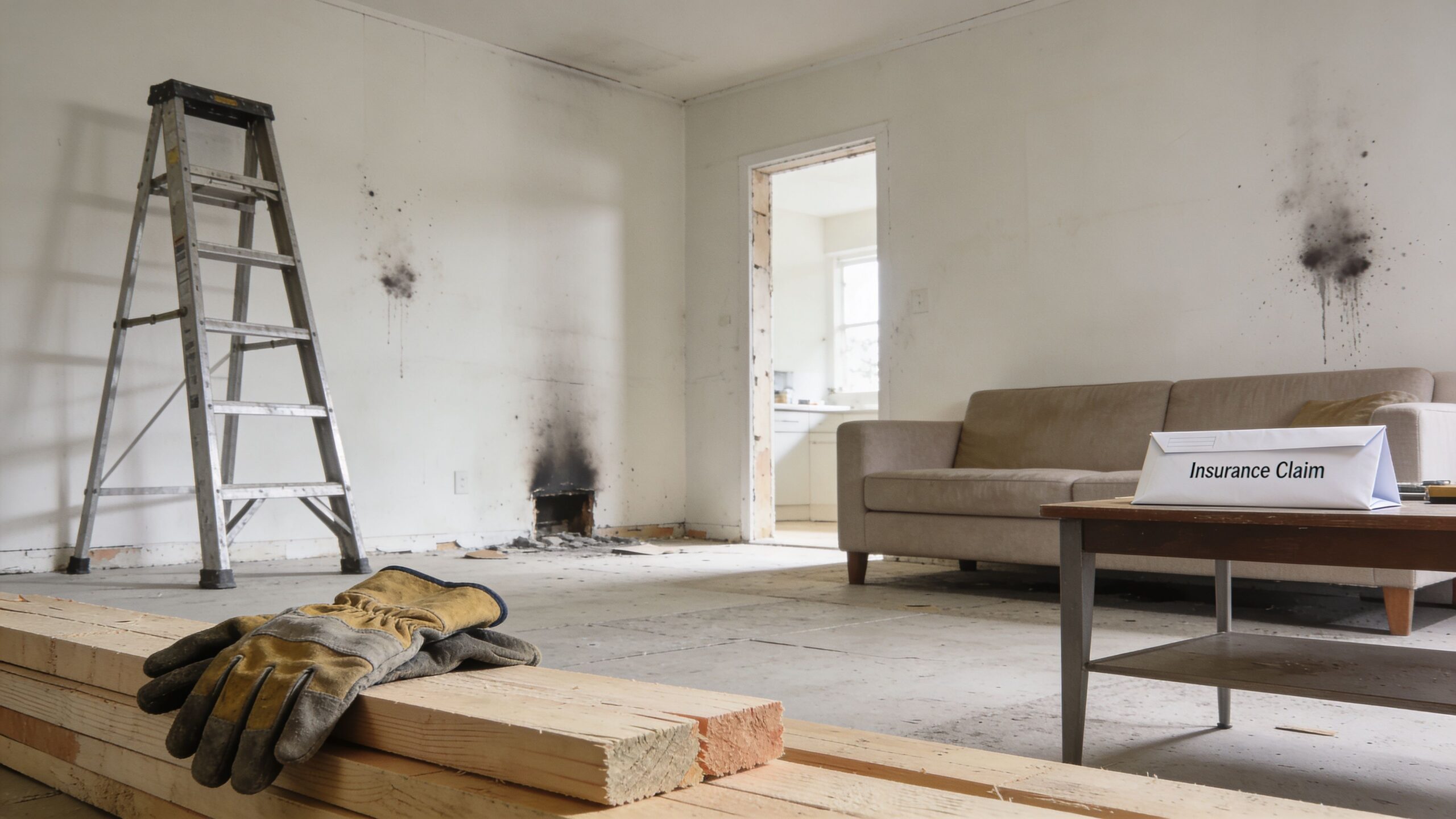A room undergoing fire damage restoration featuring a ladder, construction gloves, and an insurance claim folder.