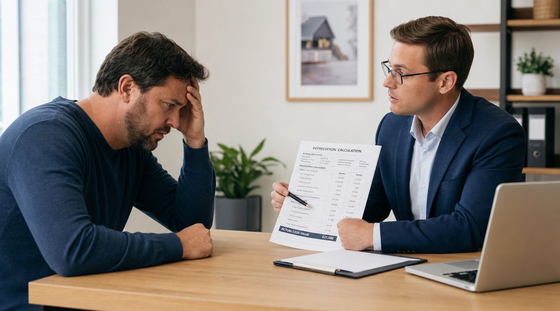 A professional financial advisor explains depreciation calculations to a stressed client during an insurance consultation.